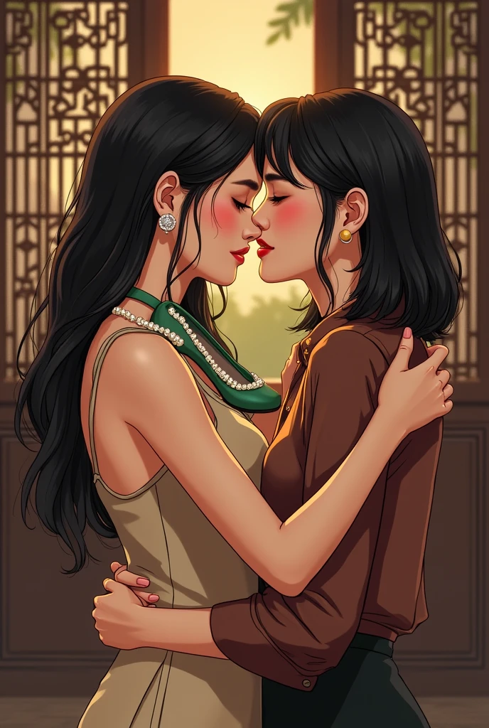 Amazing portrait of a sexy woman with her black hair in a single braid wearing an off shoulder olive green t shirt and blue short shorts kissing and making out passionately with a shirtless boy on the bed in an intimate setting
