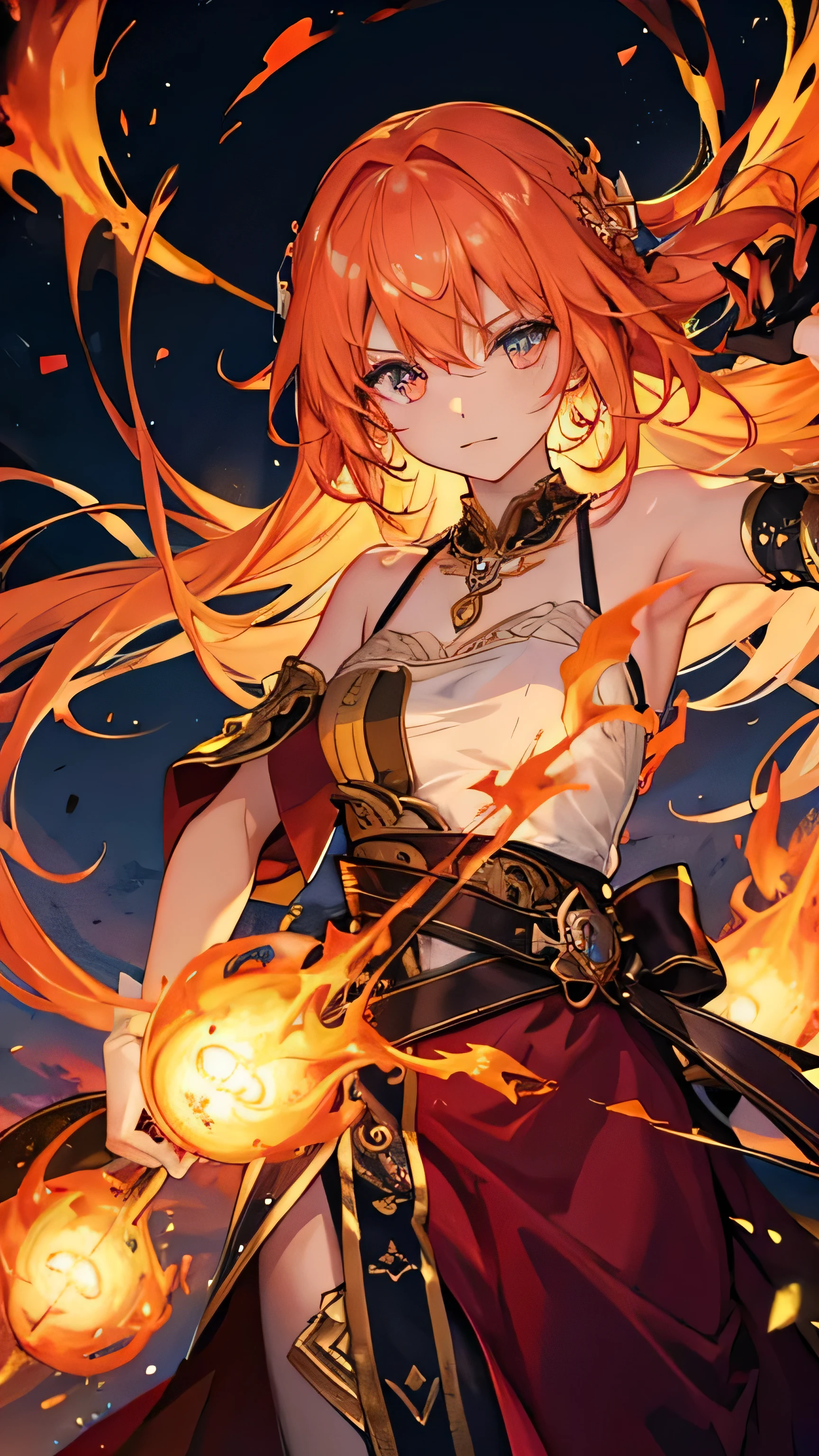 necklace made of swirling flames, glowing brightly with an intense and fiery light. Creating a powerful yet elegant atmosphere