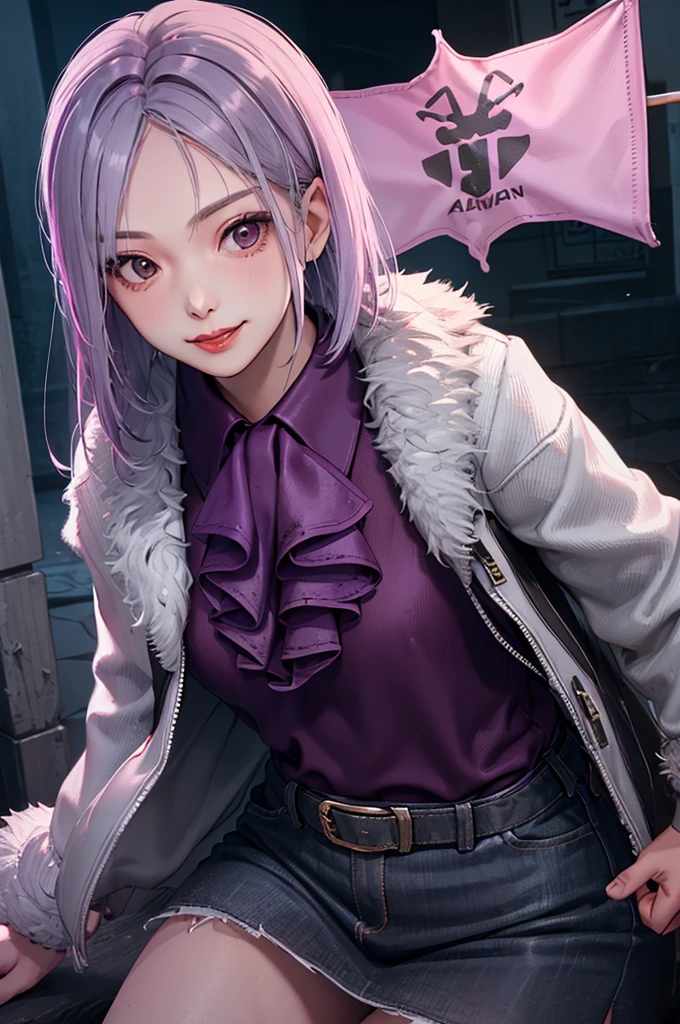 1 Girl, Yun Jin Lee, dead by daylight, Light Purple Straight Hair, White Faux Fur Short Shrug Jacket, Purple Tie Neck Ruffle Trim Satin Blouse, light smile, close up, 