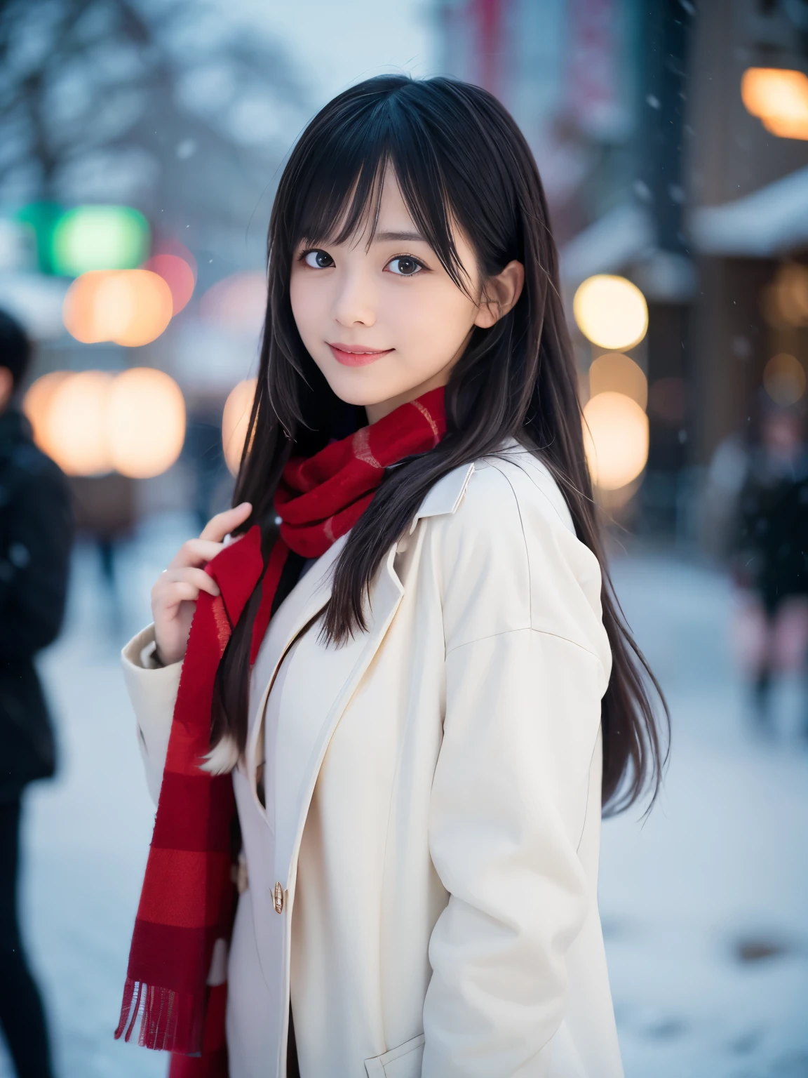 (Close-up face shot of one slender small breasts two side up black middle long hair with bangs girl in a winter white long coat and red scarf:1.5)、(One girl is holding a gift box with gloves in hand with small smile:1.5)、(Winter night street corner with heavy snowing and Christmas lights in Japan:1.5)、(blurred background:1.5)、(Natural light:1.5)、(8k ultra detailed master piece:1.5)、(perfect anatomy:1.5)、(Photorealistic stick:1.5)、(Raw photo:1.3)、(highest quality:1.5)、(High resolution:1.3)、(Delicate and beautiful perfect face:1.3)、(Delicate and beautiful eye air skin:1.3)、(Real Human Skin:1.3)、((thin legs))