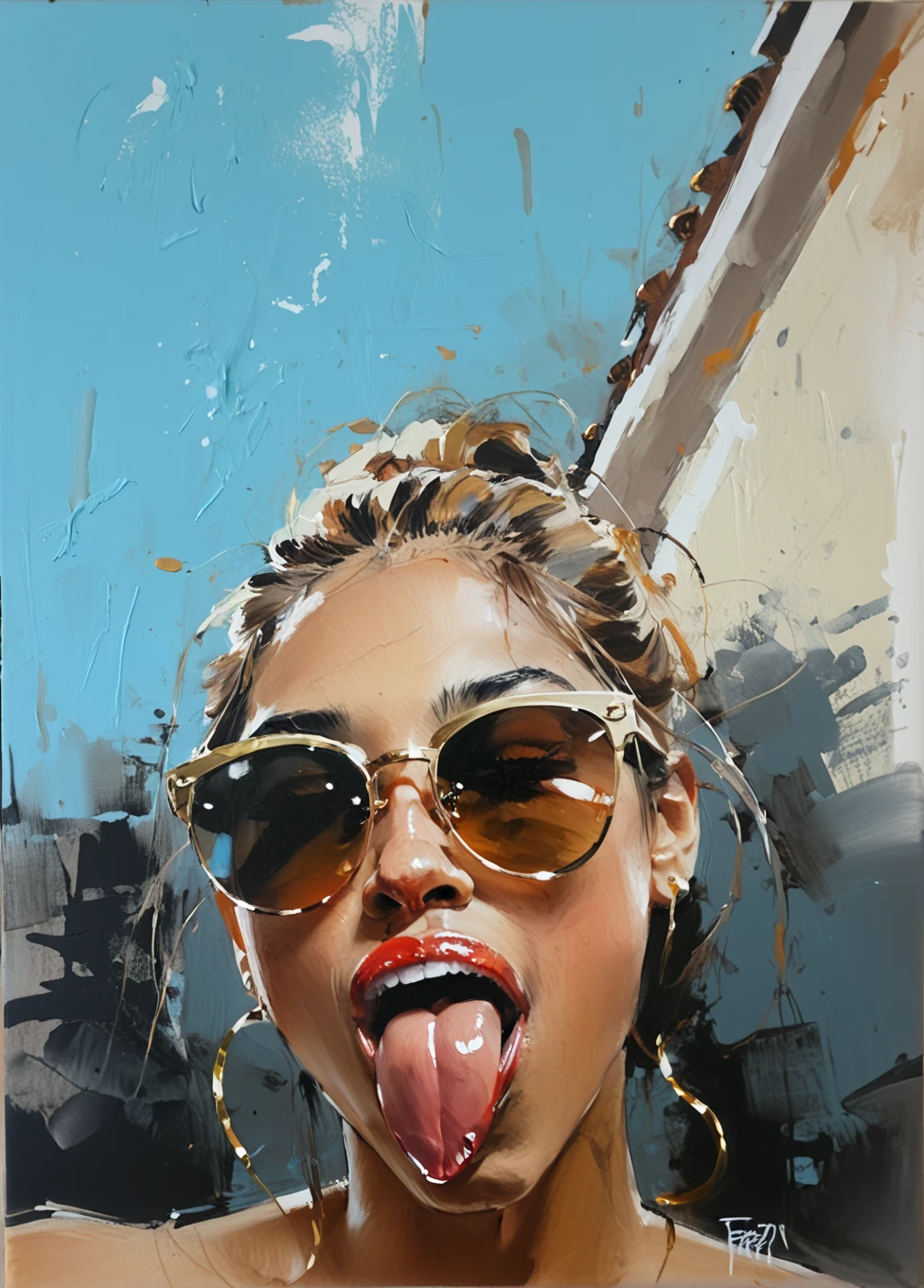 Painting by  (Fabian Perez:1.3), (Henry Asencio:1.2), (Alessandro Barbucci:1.1) ,  a beautiful, very attractive, xsexy, scantily clad, chic, mixed woman wearing stylish sunglasses, playfully (sticking out her tongue:1.3), exuding confidence and fun.., on dark background, light leaks, Acrylic Oil Painting , flat vector art , The painting is done with loose brushstrokes and vibrant rich imperial colors. The overall mood of the painting is provocative, xsensual