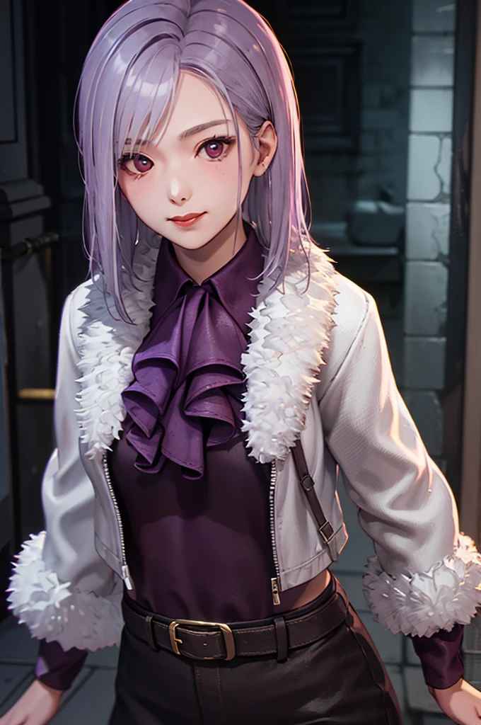 1 Girl, Yun Jin Lee, dead by daylight, Light Purple Straight Hair, White Faux Fur Short Shrug Jacket, Purple Tie Neck Ruffle Trim Satin Blouse, light smile, close up, 