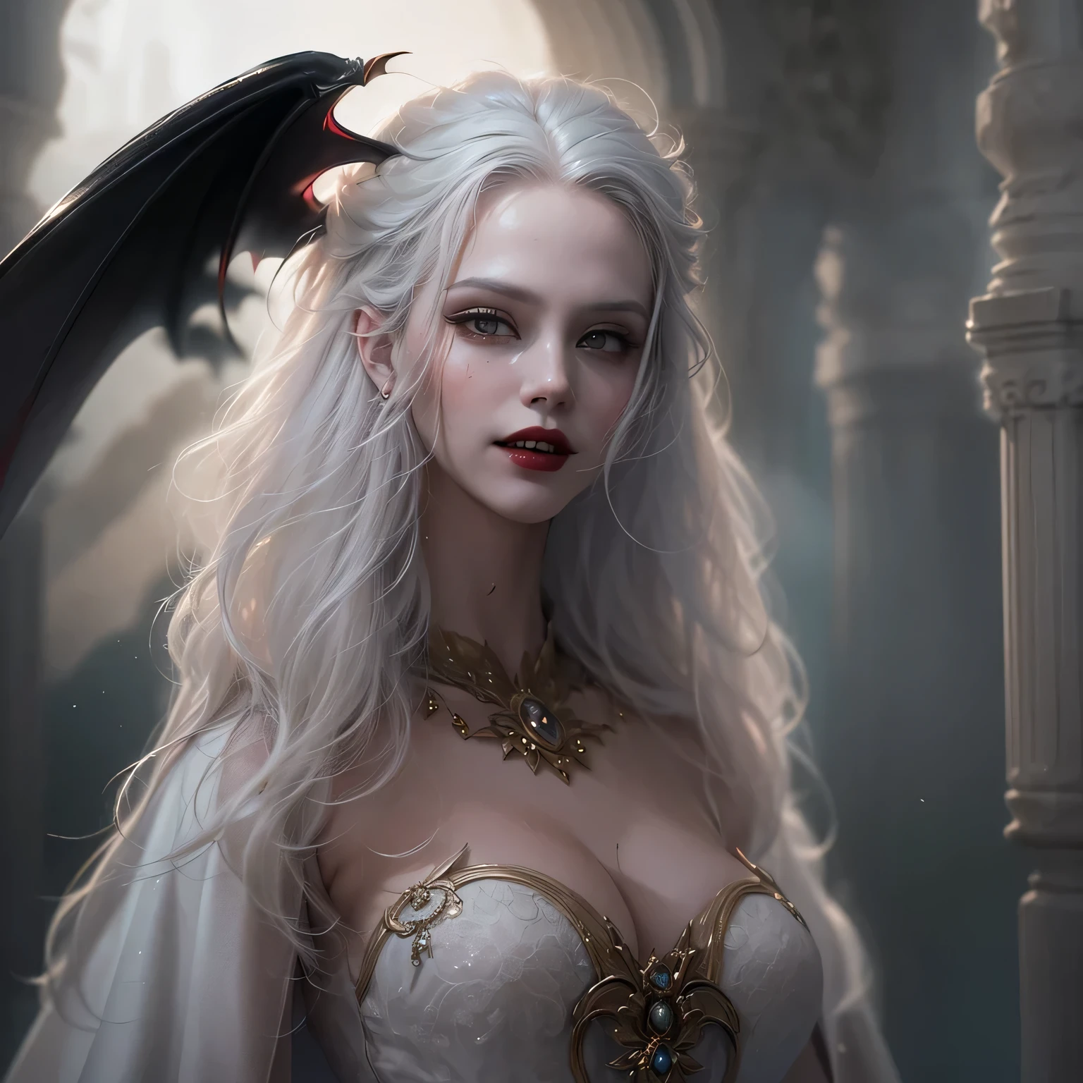 (Numerous award-winning masterpiece, with incredible detail, textures and maximum detail), (hyper realistic:1.4), (Full body image:1.9), (upper body up:0.3), (best quality real texture skin), (five perfect and beautiful fingers:1.8), (Anatomically perfect and beautiful style:1.9), (succubus:1.8), (bewitching smile on the corner of your mouth:1.7), tongue licking, (finely detailed true circle Symmetrical eyes), (finely Detailed and beautiful face:1.8), (Image of aesthetic and decadent atmosphere:1.6), (medieval world:1.6), (fair but beautiful skin and face:1.8), (Black bat wings behind the shoulders:1.6), (A thin tail with an arrowhead-like spade-shaped tip that grows from the buttocks:1.3), (wearing decadent and delicately crafted accessories:1.8), (elegant and finely carved medieval rooms and furniture:1.8), (Mysterious eyes of bioluminescent seduction:1.7), (Depraved Beauty:1.6), (The sexy and luxurious costume that covers the whole body is delicately made:1.8), (elegant and luxuriously crafted accessories:1.8), (Too much exposed skin:1.5), (Strong moonlight coming in from outside:1.7), ((dramatic photo)), ((cinematic light)), (Full body image:1.9), (looks up), (looking down), (Sensual and seductive pose:1.6), (smoke effects and bewitching light:1.4), beautiful white hair, beautiful silver hair, beautiful blonde hair, pink hair, Wind Effects, (Pheromones floating around:1.3), Ruins of an old castle, Royal Underground Tombs, (dilapidated medieval world mansion:1.6), ((Dark nights, full moon nights, new moon nights)), epic realistic, faded, ((neutral colors)), art, (hdr:1.5), (muted colors:1.2), hyper detailed, (art station:1.5), cinematic, warm lights, light effect, dramatic light, (intricate details:1.1), complex background, (Greg rutkowski:0.8), (teal and orange:0.4),