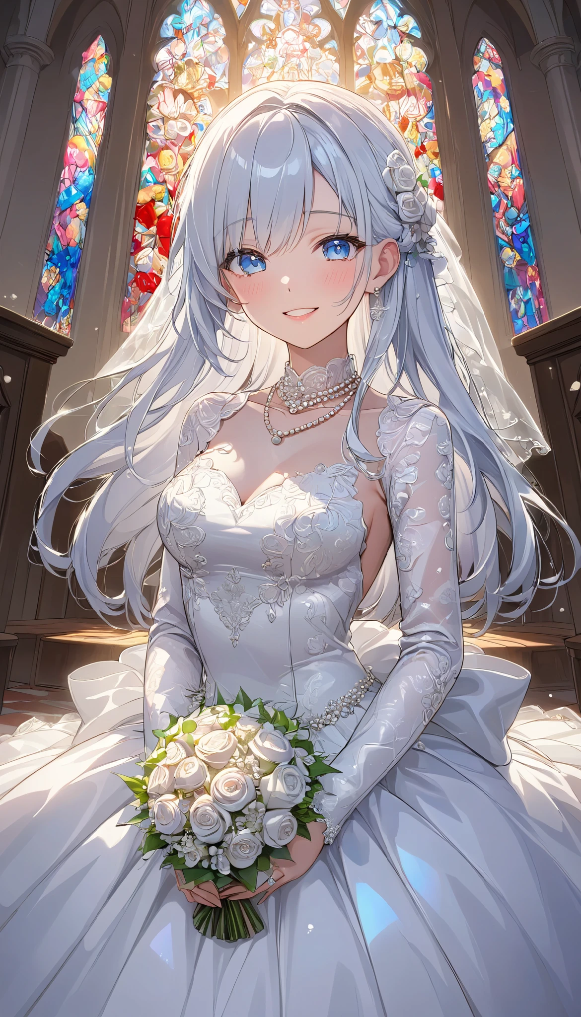 (((Best quality, 8k, Masterpiece: 1.3)), ((best quality)), ((masterpiece)), (detailed), perfect face, perfect body, (detailed skin:1.3), (intricate details), Ball gown wedding dress, pearl necklace, bouquet, Silver hair, straight hair, blue eyes, Wedding Rings, snow White, Chapel, happy, smile, solo, Stained Glass