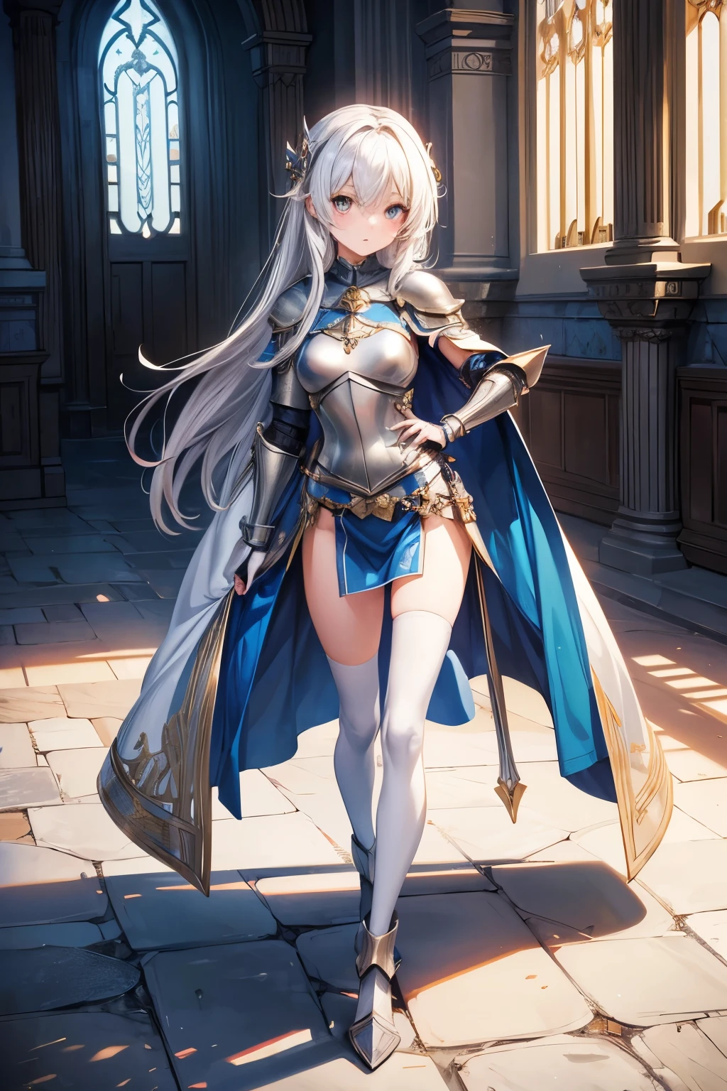 masterpiece, best quality, Very detailed, pretty girl, ager, smaller breasts, thin waist,Female Knight,full body armor,Cape, perfect eyes, very cute,slender,Castle gate