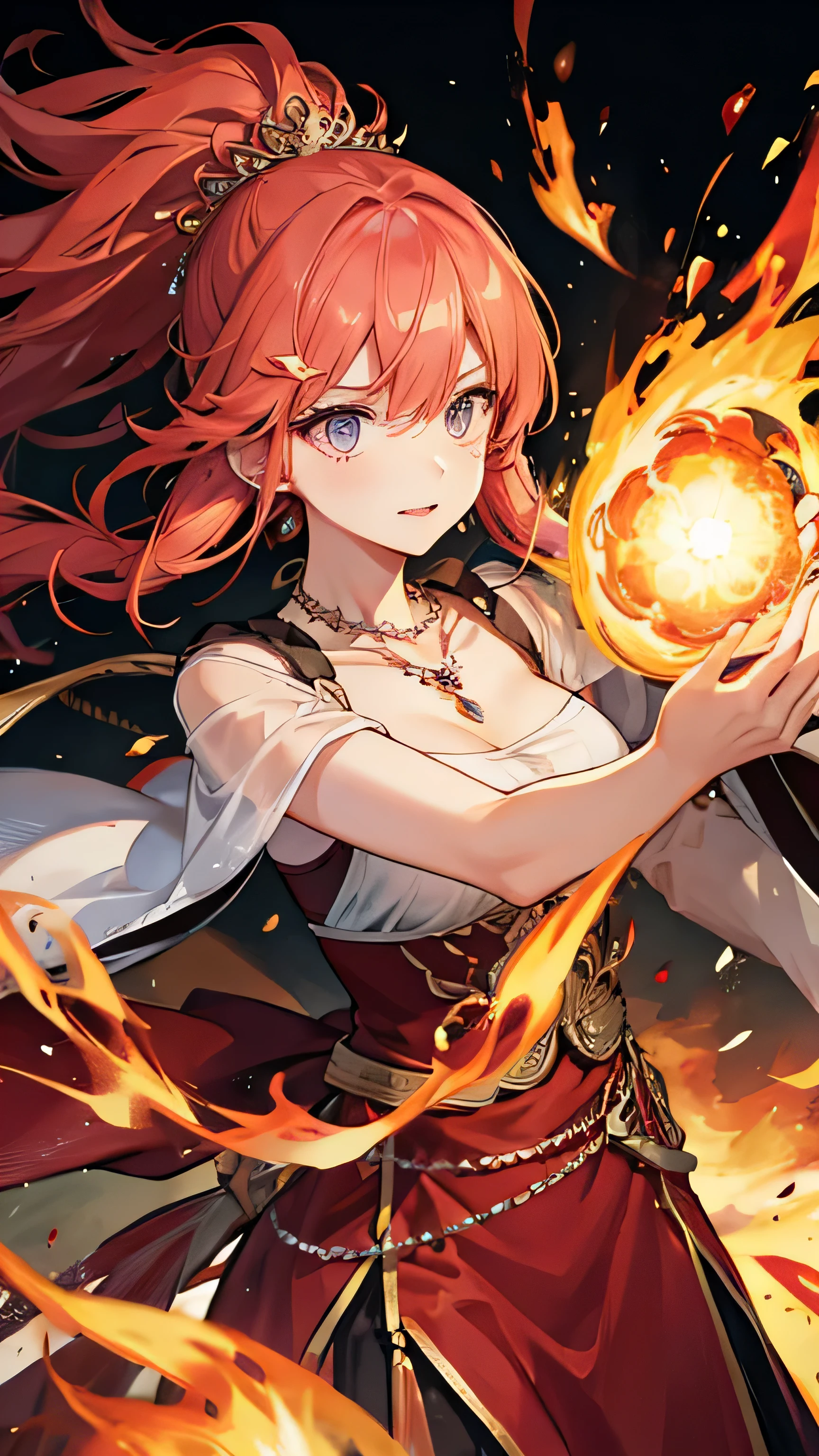 necklace made of swirling flames, glowing brightly with an intense and fiery light. Creating a powerful yet elegant atmosphere