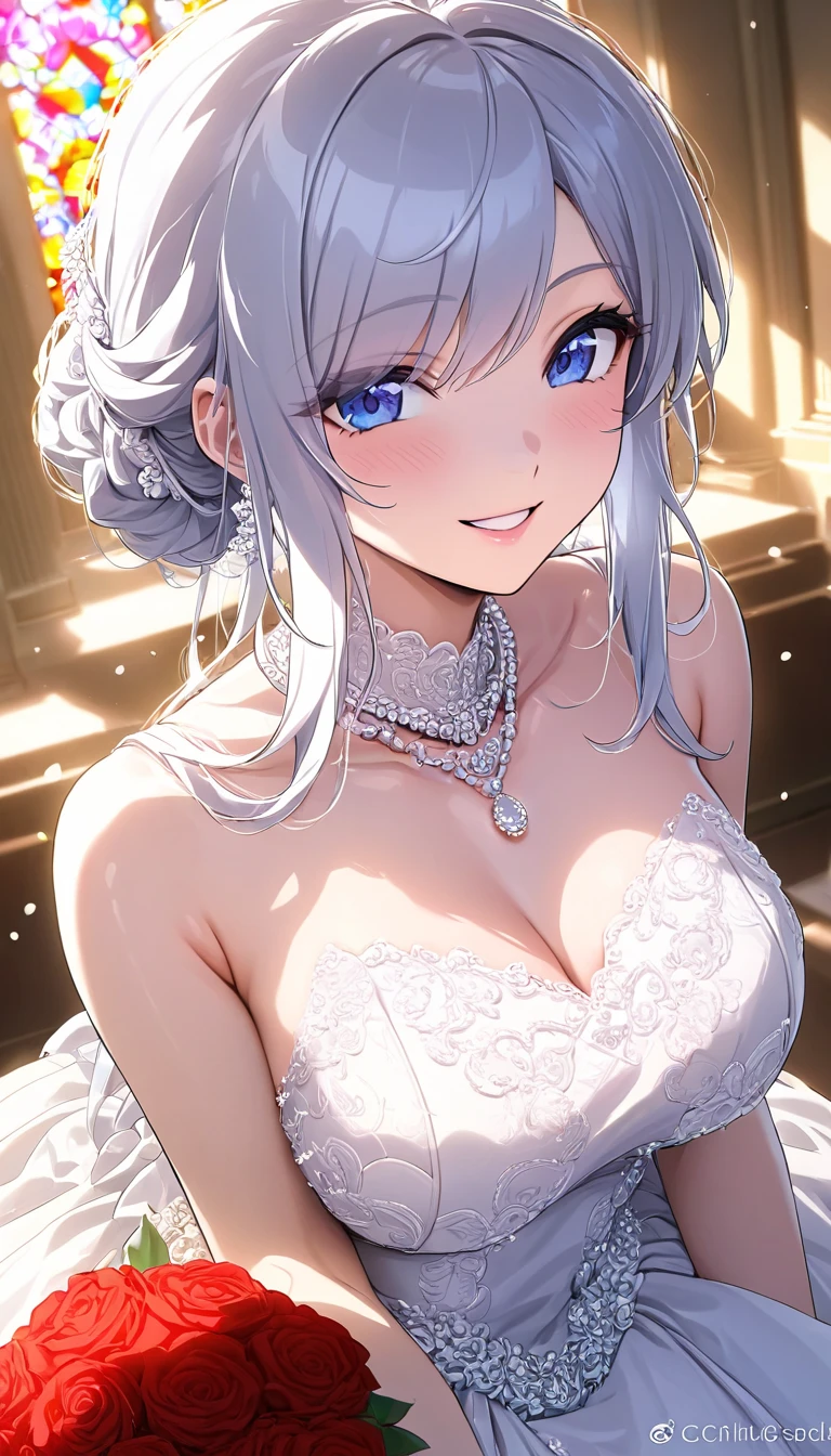 (((Best quality, 8k, Masterpiece: 1.3)), ((best quality)), ((masterpiece)), (detailed), perfect face, perfect body, (detailed skin:1.3), (intricate details), Ball gown wedding dress, pearl necklace, bouquet, Silver hair, straight hair, blue eyes, Wedding Rings, snow White, Chapel, happy, smile, solo, Stained Glass