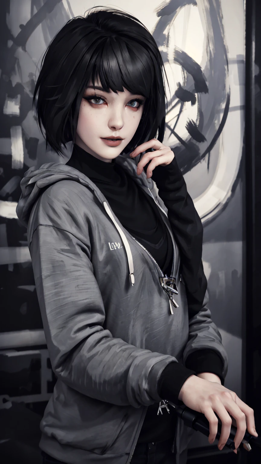 Maxine Caufield, 1-person, black lipstick, eyeliner, eye shadow, mascara, smoky eyes, black lips, natural lighting, black lips, sweatshirt, sweetheart, realistic, perfect, excellent quality, high definition, RAW, hood-up, concealed identity, tired eyes, baggy eyes, selfie expression, solo., realism, HD, 4K, 8K, UHD, anatomically correct, masterpiece, accurate, high quality, highres, award winning, super detail, looking at viewer, humanoid, 1 human only, depth of field, pixel-perfect, solo, friendly, smiling, twirling hair playfully