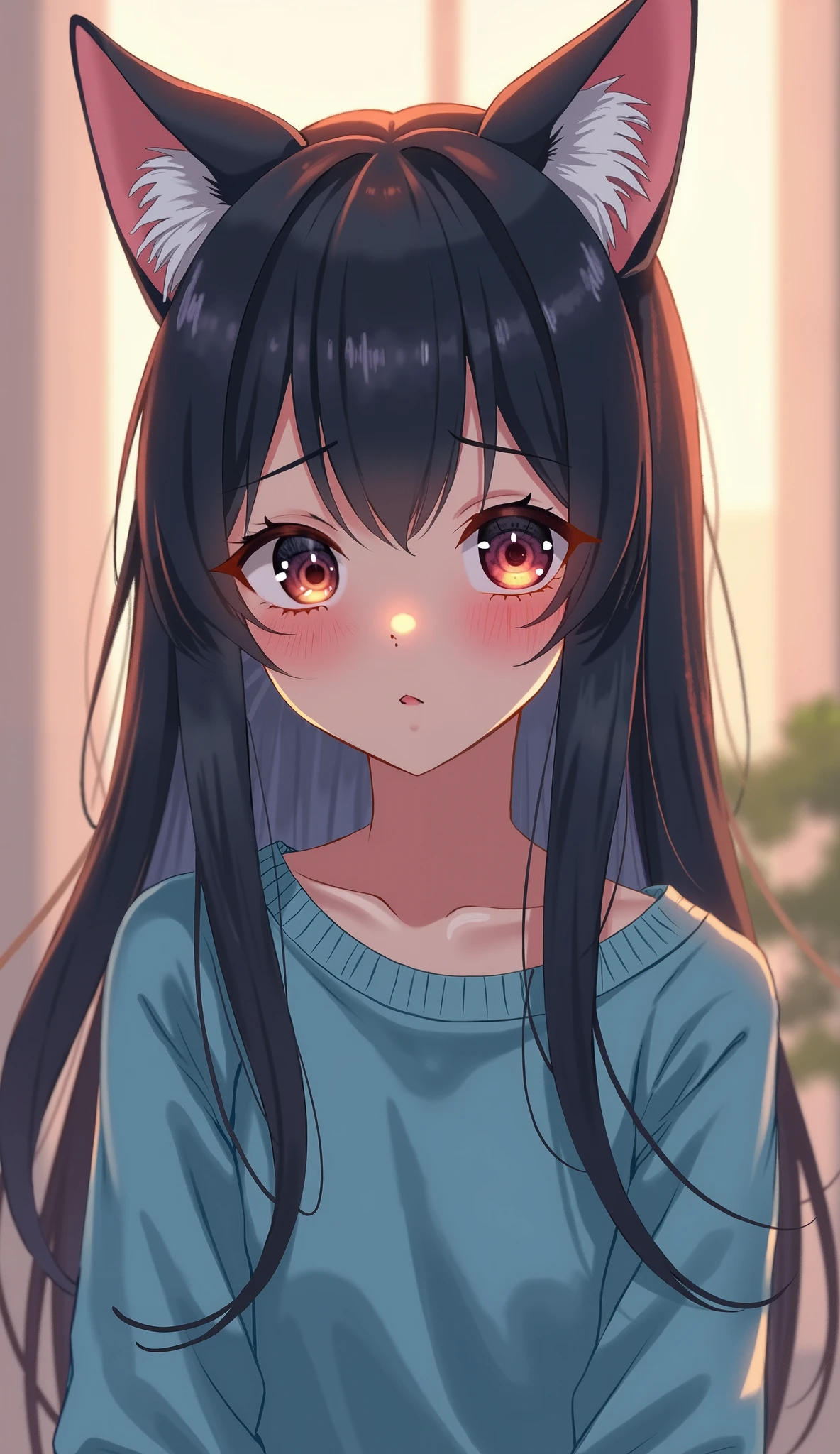Anime girl with long black hair and cat ears - SeaArt AI