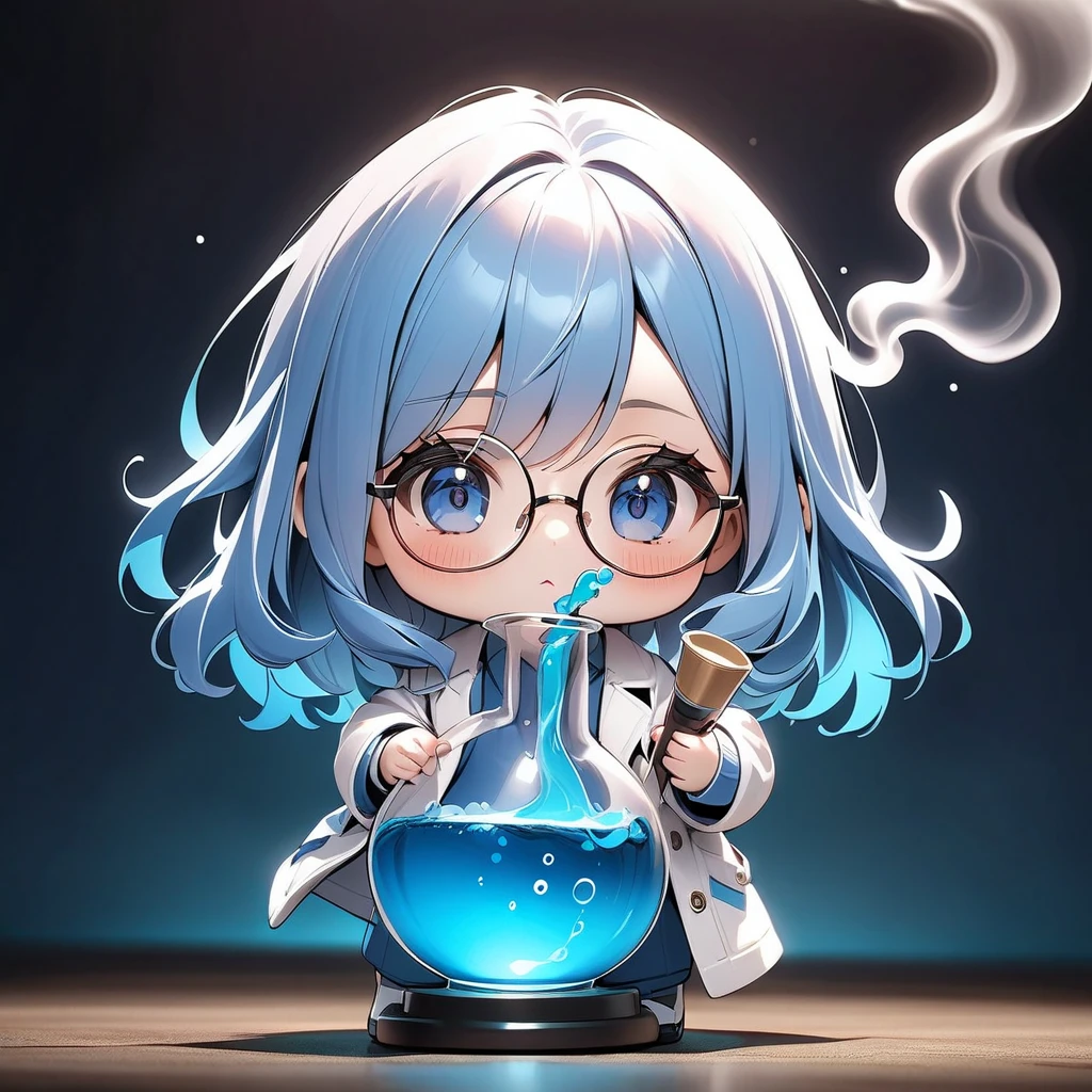    best quality, masterpiece ,   A girl in a white coat 、Round Glasses、 (Chibi: 0.6),  The blue suit 、 has a beaker containing a liquid that glows mysteriously、 smoke is coming out of the beaker 、   random hair color   ,   cute, 