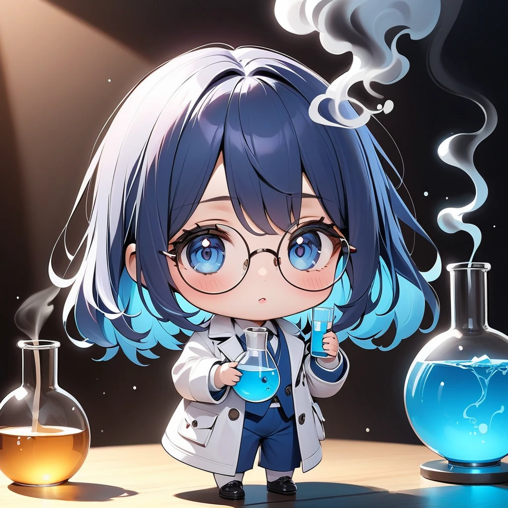    best quality, masterpiece ,   A girl in a white coat 、Round Glasses、 (Chibi: 0.6),  The blue suit 、 has a beaker containing a liquid that glows mysteriously、 smoke is coming out of the beaker 、   random hair color   ,   cute, 