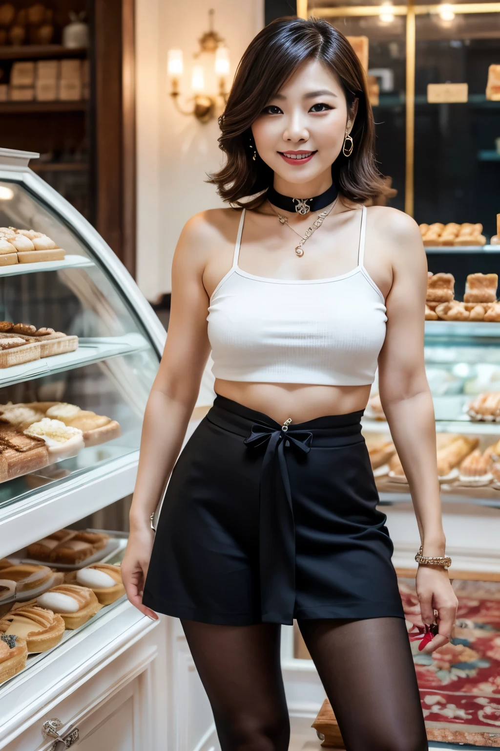 Sunburned skin, Skin Radiance　75 years old　mom　milf　Korean, Lady　large earring　Big choker　navel piercing decoration　A bracelet　Silver Hair　realisitic　Gorgeous Madame Beautiful Mature Woman　sexly　Smile　Gentle woman navel piercing　４K　High quality bakery　Bakery Shop　High leg leotard see-through lingerie
