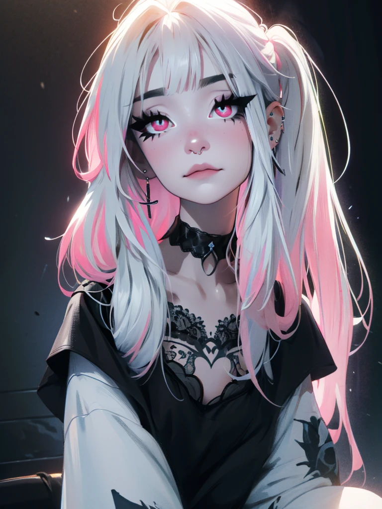 emo_hairstyle, pink eyes, ((long hair)), ((septum piercing, tattoos)), (((black hair))), side swept bangs, white skin, pale, e-girl, (fishnet outfit, lace), tired expression, choker, ((dark makeup, mascara, eyeshadow)), multiple piercings, best quality, 8k, dark laboratory, dim lighting,  erotic, slytherin, black hair