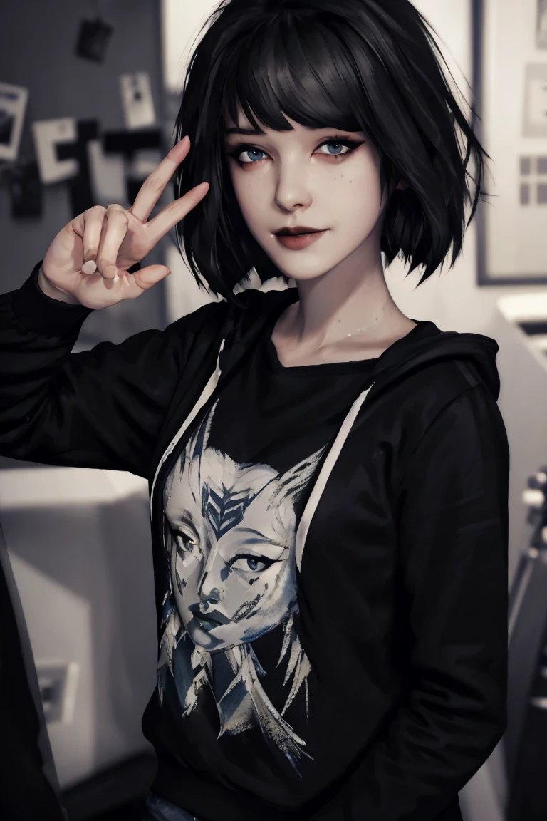 Maxine Caufield, 1-person, black lipstick, eyeliner, eye shadow, mascara, smoky eyes, black lips, natural lighting, black lips, sweatshirt, sweetheart, realistic, perfect, excellent quality, high definition, RAW, hood-up, concealed identity, tired eyes, baggy eyes, selfie expression, solo., realism, HD, 4K, 8K, UHD, anatomically correct, masterpiece, accurate, high quality, highres, award winning, super detail, looking at viewer, humanoid, 1 human only, depth of field, pixel-perfect, solo, friendly, smiling, twirling hair playfully