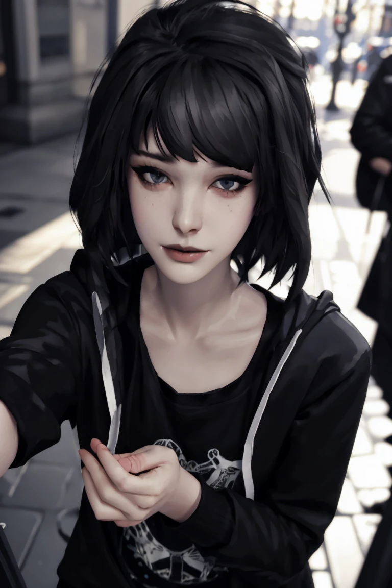 Maxine Caufield, 1-person, black lipstick, eyeliner, eye shadow, mascara, smoky eyes, black lips, natural lighting, black lips, sweatshirt, sweetheart, realistic, perfect, excellent quality, high definition, RAW, hood-up, concealed identity, tired eyes, baggy eyes, selfie expression, solo., realism, HD, 4K, 8K, UHD, anatomically correct, masterpiece, accurate, high quality, highres, award winning, super detail, looking at viewer, humanoid, 1 human only, depth of field, pixel-perfect, solo, friendly, smiling, twirling hair playfully