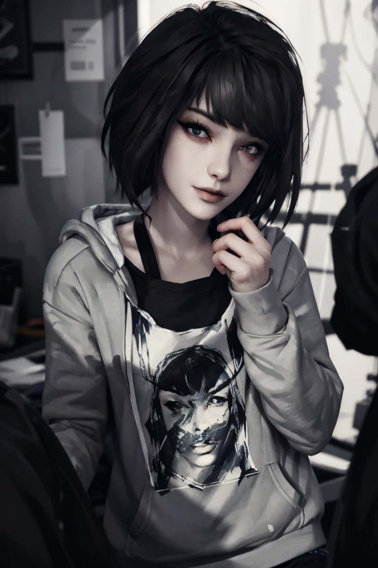 Maxine Caufield, 1-person, black lipstick, eyeliner, eye shadow, mascara, smoky eyes, black lips, natural lighting, black lips, sweatshirt, sweetheart, realistic, perfect, excellent quality, high definition, RAW, hood-up, concealed identity, tired eyes, baggy eyes, selfie expression, solo., realism, HD, 4K, 8K, UHD, anatomically correct, masterpiece, accurate, high quality, highres, award winning, super detail, looking at viewer, humanoid, 1 human only, depth of field, pixel-perfect, solo, friendly, smiling, twirling hair playfully