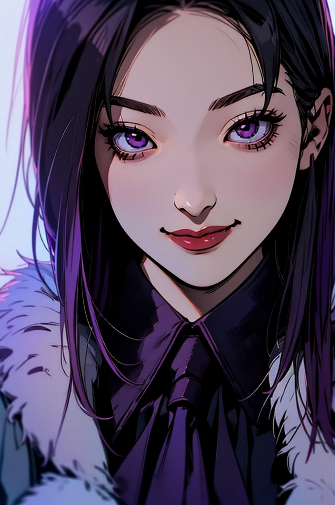 1 Girl, Yun Jin Lee, dead by daylight, Light Purple Straight Hair, White Faux Fur Short Shrug Jacket, Purple Tie Neck Ruffle Trim Satin Blouse, light smile, close up, 