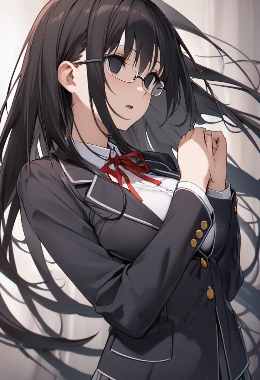 masterpiece,  best quality:1.2)、((( Female College Student、 black hair、very long hair、Black Eyes、empty eyes、 slender、(((Glasses)))、黒いschool uniform, 黒のmiddle breast, blazer,  red ribbon)))、（no expression）、forward hands、dutch angle shot、 side view