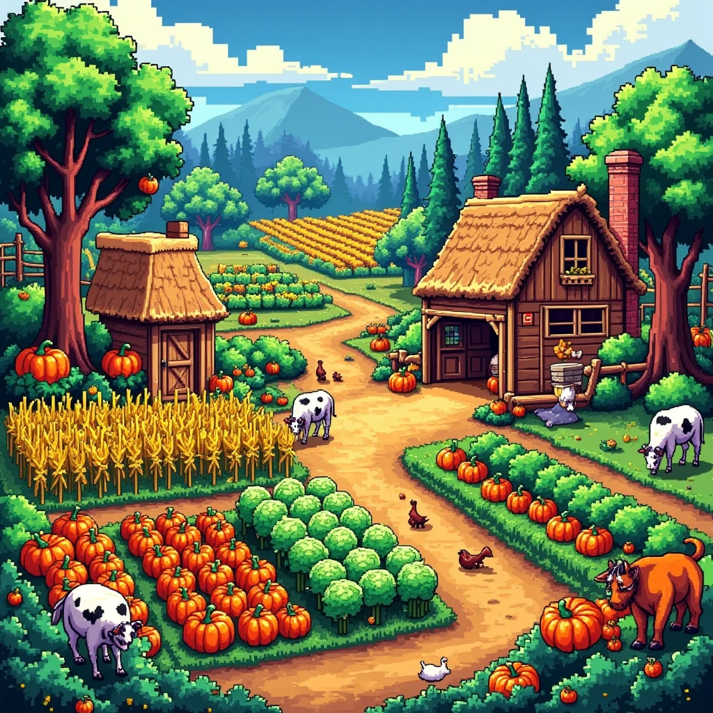 A picturesque landscape of a farm from a top-down perspective, reminiscent of the charming pixel art style seen in the popular video game Stardew Valley. The scene is set during the day, with a bright and clear sky overhead. In the foreground, a variety of vibrant crops are neatly organized in rows: plump pumpkins, tall corn stalks, and lush green cabbage. Scattered around are some farm animals: a few chickens pecking at the ground, cows grazing slightly off to the side, and a faithful brown workhorse near a rustic wooden barn. To the far left, a quaint farmhouse with a thatched roof is seen amidst the beautiful, pastoral surroundings.