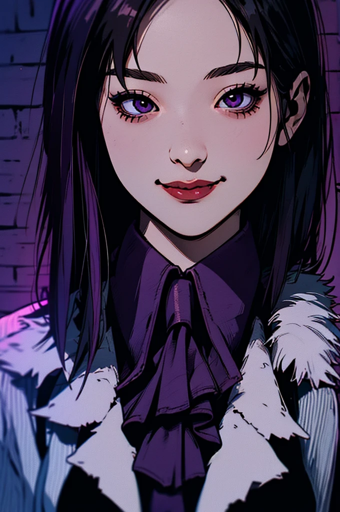 1 Girl, Yun Jin Lee, dead by daylight, Light Purple Straight Hair, White Faux Fur Short Shrug Jacket, Purple Tie Neck Ruffle Trim Satin Blouse, light smile, close up, 