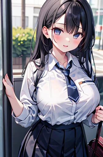 {masterpiece}, { best quality}, one girl who is at ease,School_uniform,Big Breasts、  long black hair , big chest