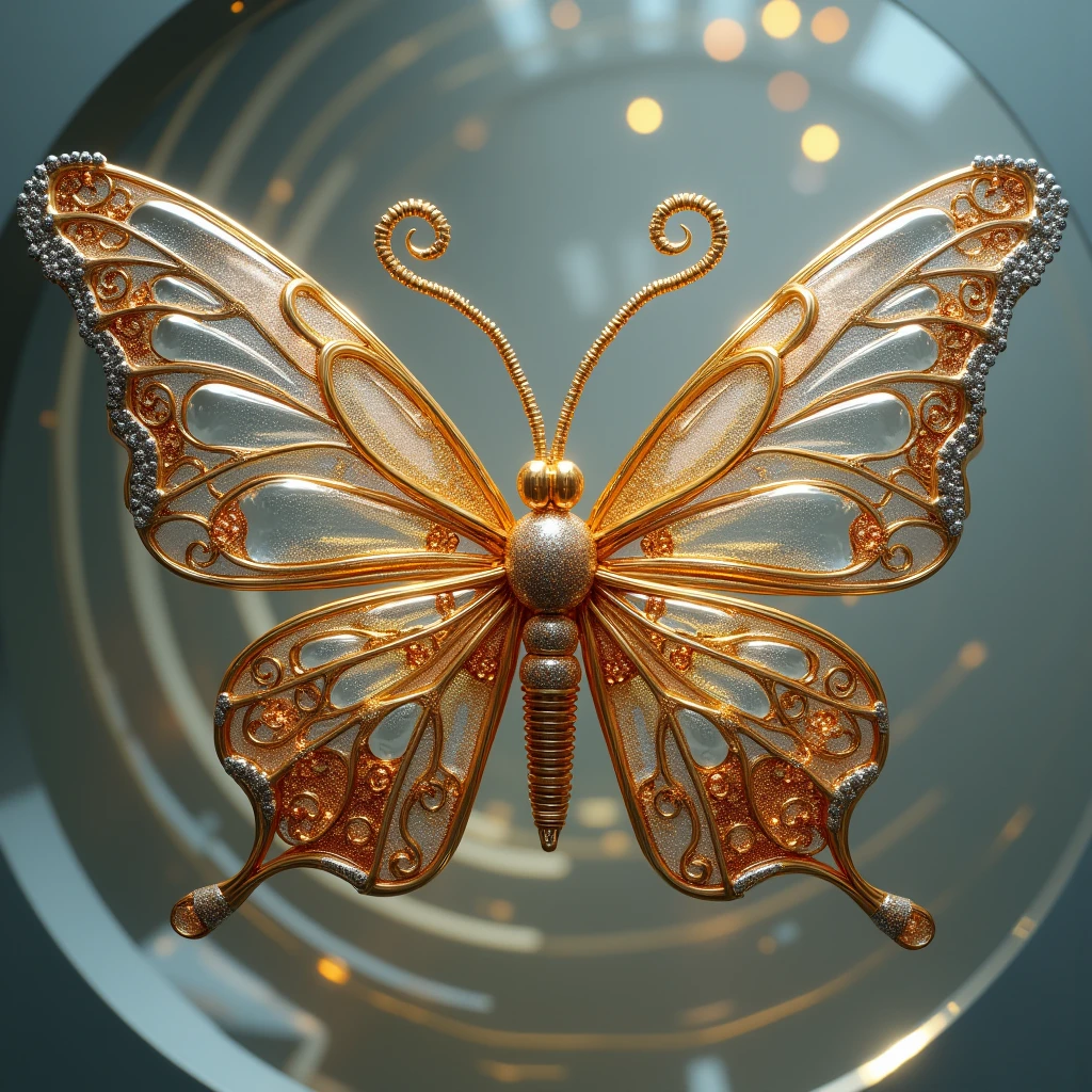  Designer Work Made of Pollinated Wire with Brass and Silver ,  Delicate colors Depict a Butterfly Close-up as an Exhibit ,  Glass Wings with Melting ,  Every Pebble precious Gently Inserted into a Butterfly Delicate Golden Hair Antennae Curled ,  Eyes made of Liquid Silver Alloy Not Pure Mixed with Red Gold Resembling Droplets Waters,  The Body Itself Multilayer Interlaced with Paint and Varnished with Glitter ,  Rainbow Outline shimmers around the wings , masterpiece, 8 k,  Complex Details , bright colors,  better quality, complex textures,  Beautiful Work by the Master , Hand Robot , 