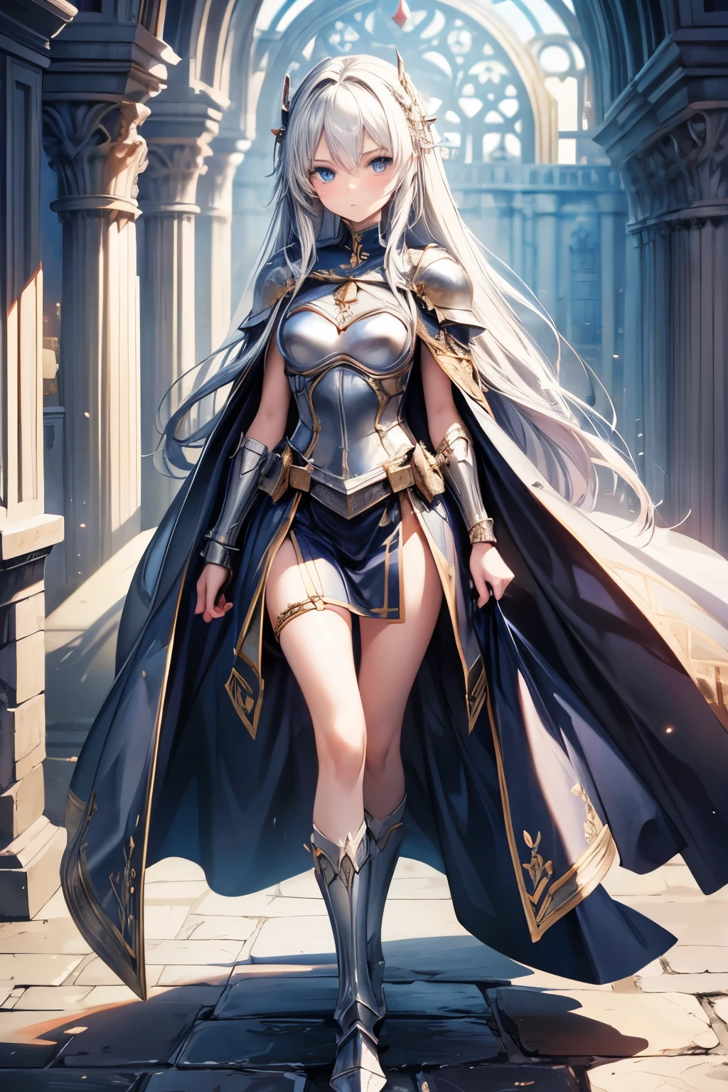 masterpiece, best quality, Very detailed, pretty girl, teenager, smaller breasts, thin waist,Female Knight,full body armor,Cape, perfect eyes, very cute,slender,Castle gate