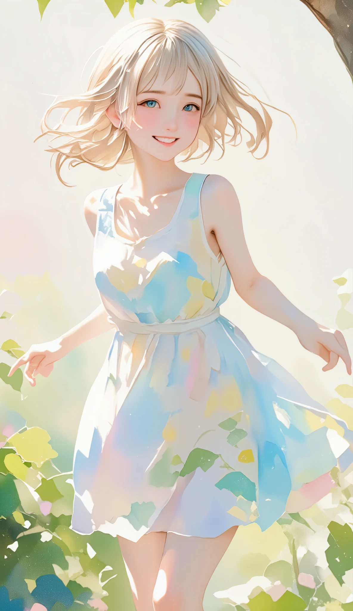  perfect anatomy 、Accurate human body depiction、Cute girl drawn in pastel colors, Wearing summer clothes, Dancing in the Wind,  High quality painting .