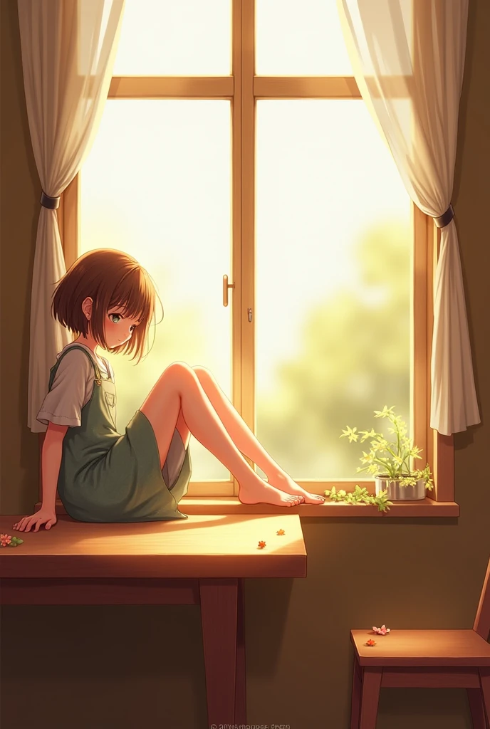 ((Masterpiece)), (Anime:1.5), ((best quality)), (RAW photo:1.2), (High Definition:1.3), (Professional Photography:1.2), (glowing light), 1girl, ((12 years old)), wide shot, cinematic lighting, Textured skin, (unruly hair), medium hair, Cat ears, Pale brown hair, slightly Exposed small breast, (ragged white camisole), Slim body, small breasts, sitting on the ground, Sweaty skin, (Panicked Pose:1.4), blush, Panicked face, Cat ears, Cute Beautiful Girl, BREAK, ((best quality)), Ruins covered with vegetation, see the slums in the distance