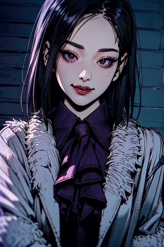 1 Girl, Yun Jin Lee, dead by daylight, Light Purple Straight Hair, White Faux Fur Short Shrug Jacket, Purple Tie Neck Ruffle Trim Satin Blouse, light smile, close up, 