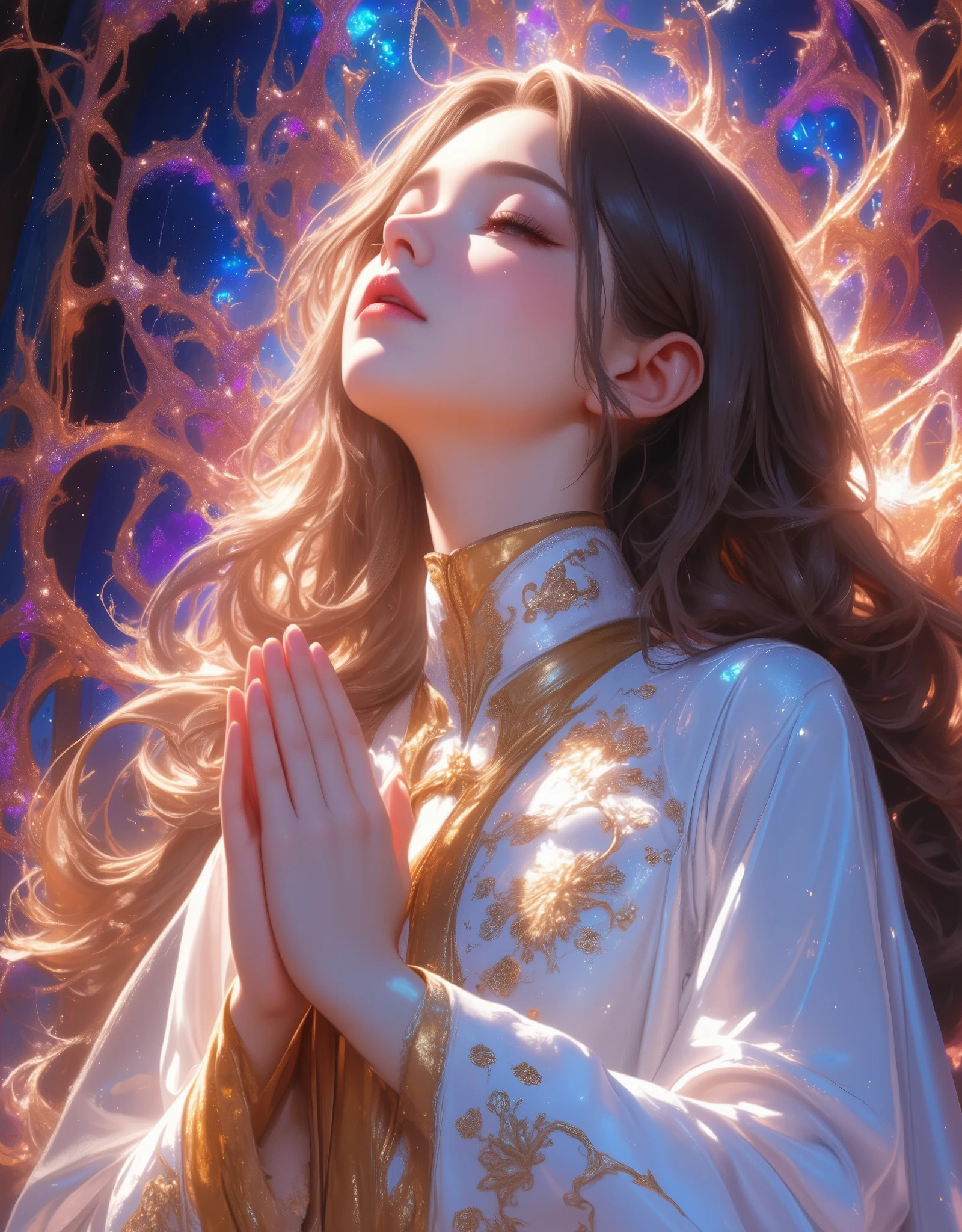 Religious,  extremely detailed, ( fractal art:1.3),  colorful background,  Beautiful Women, ( close your eyes, pray:1.3), ( delicate gold embroidery on a white cloak:1.2), (Streaks of light),  impressive visual , HIGHEST DEFINITION ,  perfect face,  upper body,  high definition , (Shining Trail:1.2),  bright color , masterpiece,  best quality,  best quality,  Official Art,  Aesthetically Beautiful :1.2,  Very detailed, 8k, Beautiful CG illustrations,  Anime Style , Chiaroscuro Lighting.