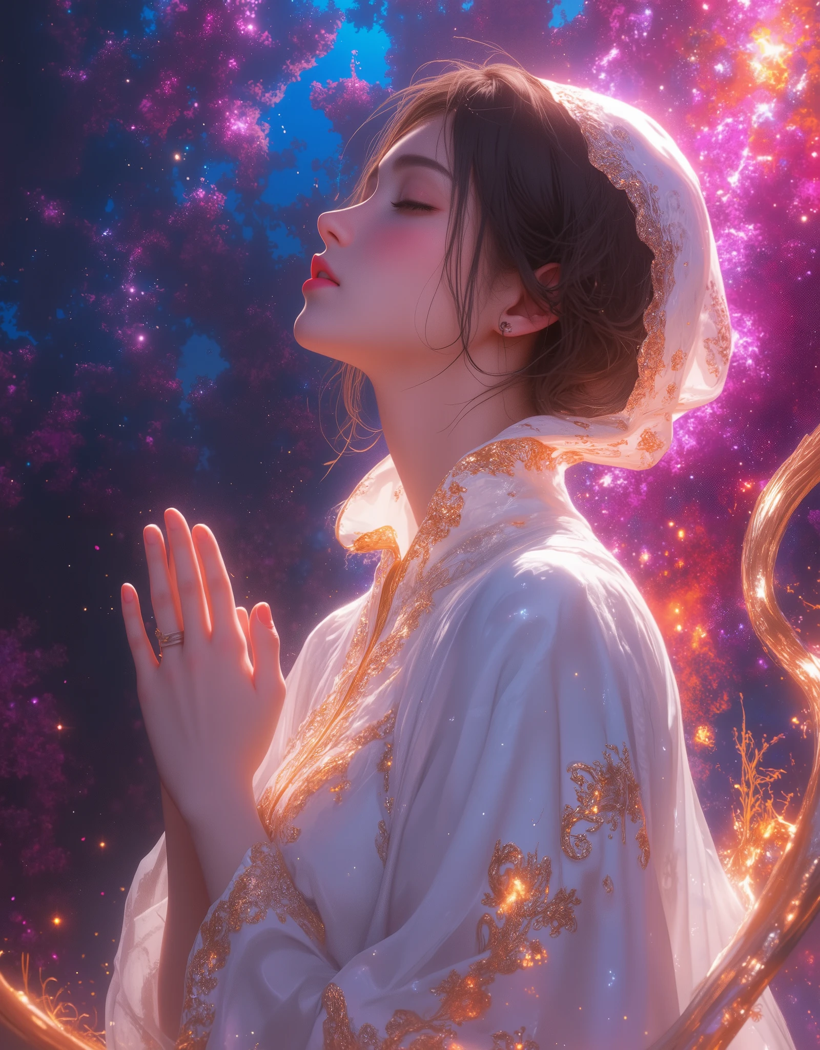 Religious,  extremely detailed, ( fractal art:1.3),  colorful background,  Beautiful Women, ( close your eyes, pray:1.3), ( delicate gold embroidery on a white cloak:1.2), (Streaks of light),  impressive visual , HIGHEST DEFINITION ,  perfect face,  upper body,  high definition , (Shining Trail:1.2),  bright color , masterpiece,  best quality,  best quality,  Official Art,  Aesthetically Beautiful :1.2,  Very detailed, 8k, Beautiful CG illustrations,  Anime Style , Chiaroscuro Lighting.