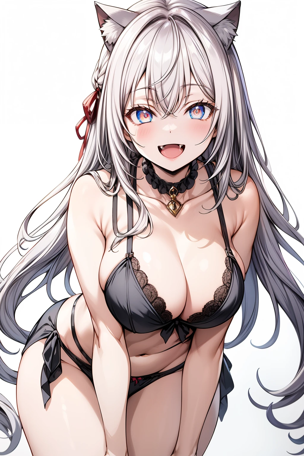  masterpiece ,  The best quality,  silver hair, blkhanekawa ,  very long hair ,  Cat Ears,  constricted pupils ,  big breasts, ruffle bra, Ornaments,  frilled panties ,  Leaning forward,  From below, Open mouth, smile, fang,  looking at spectator 