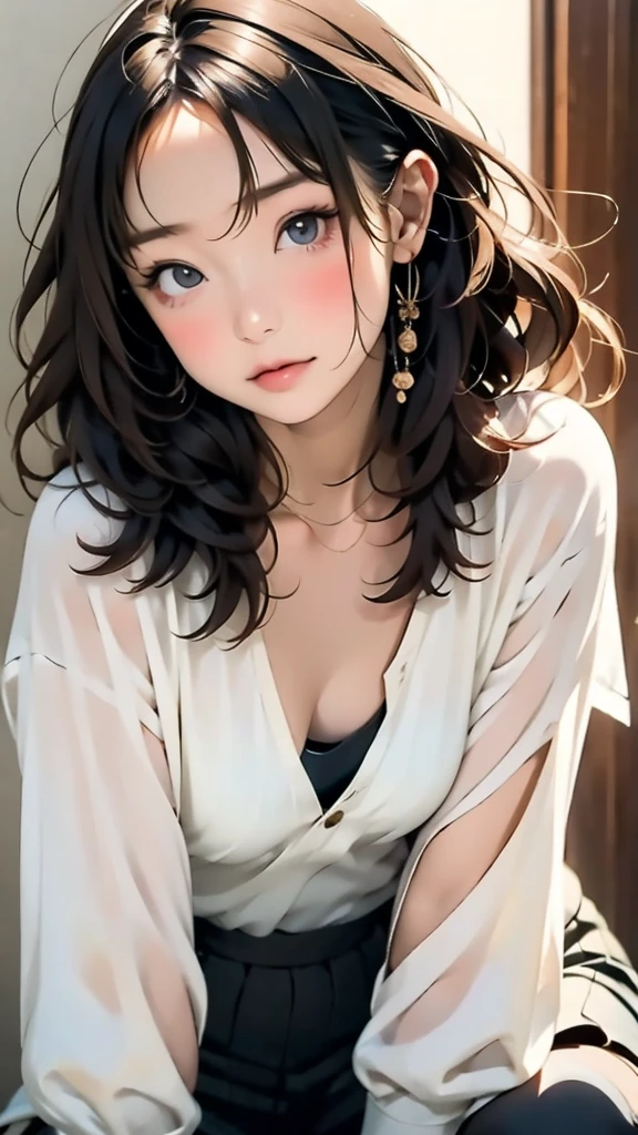 finely detail, hight resolution, hightquality, Perfect dynamic composition, Beautiful detailed eyes, Medium Hair, small tits, Natural Color Lip, Kamimei, Shibuya, 20 years girl, 1 persons, Transparent skin, Glowing hair, mastutepiece, Best Quality, Illustration, Ultra-detailed, finely detail, hight resolution, 8K, The correct state of the human body, crouching down, Gravure Model Pose, Hair soaring in strong winds