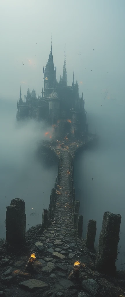  A very old bridge \( float in the sky , 即将倒塌,  Many rainbows shine through the mist \) connected to an ancient castle  float in the sky .  is diffusely reflected through the fog .  stretch far into the foreground ， is about to collapse and . in the thick fog and haze .