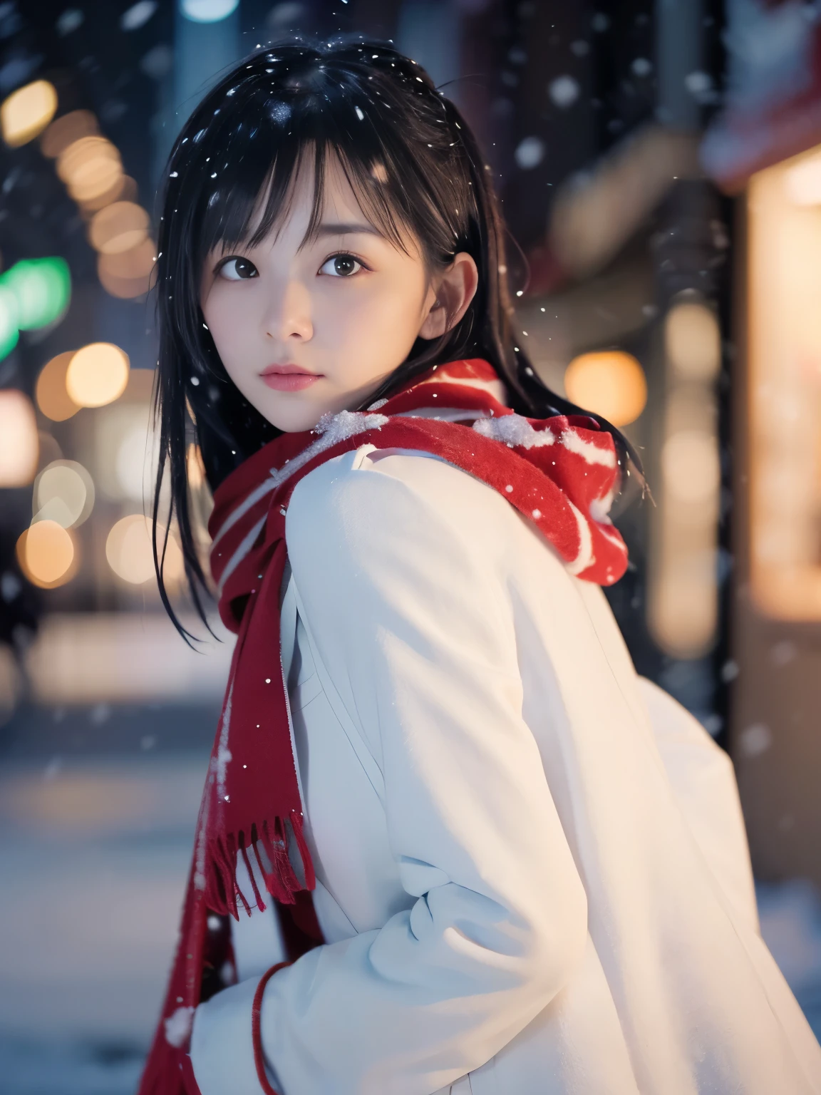 (Close-up face shot of one slender small breasts two side up black medium hair with bangs girl in a winter white long coat and red scarf:1.5)、(One girl is turn around with holding  a gift box with gloves in hand with sad face:1.5)、(Winter night street corner with heavy snowing and Christmas illumination in Japan:1.5)、(Heavy snowing night:1.5)、(blurred background:1.5)、(Natural light:1.5)、(8k ultra detailed master piece:1.5)、(perfect anatomy:1.5)、(Photorealistic stick:1.5)、(Raw photo:1.3)、(highest quality:1.5)、(High resolution:1.3)、(Delicate and beautiful perfect face:1.3)、(Delicate and beautiful eye air skin:1.3)、(Real Human Skin:1.3)、((thin legs))