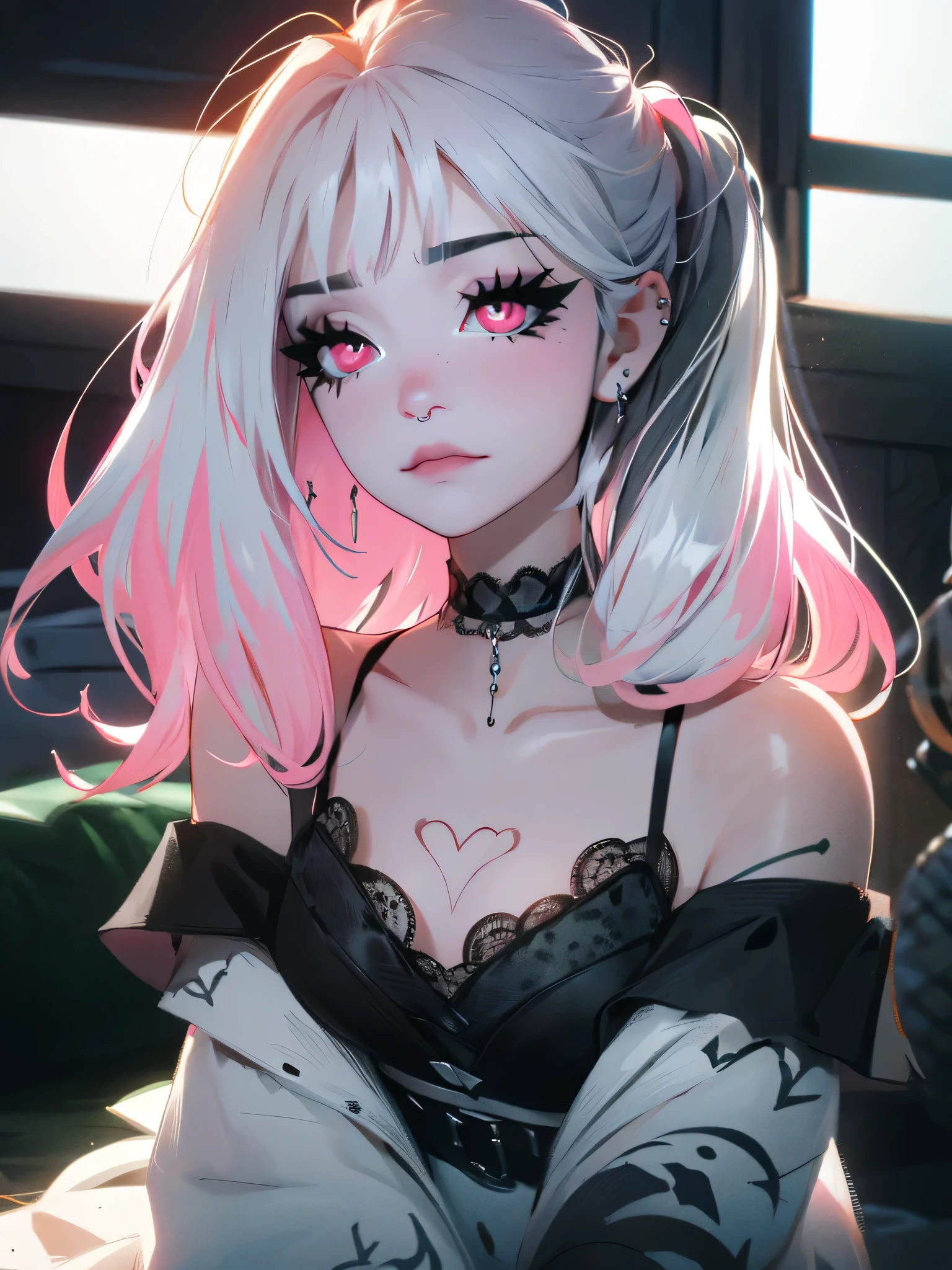 emo_hairstyle, pink eyes, ((long hair)), ((septum piercing, tattoos)), (((black hair))), side swept bangs, white skin, pale, e-girl, (fishnet outfit, lace), tired expression, choker, ((dark makeup, mascara, eyeshadow)), multiple piercings, best quality, 8k, dark laboratory, dim lighting,  erotic, slytherin