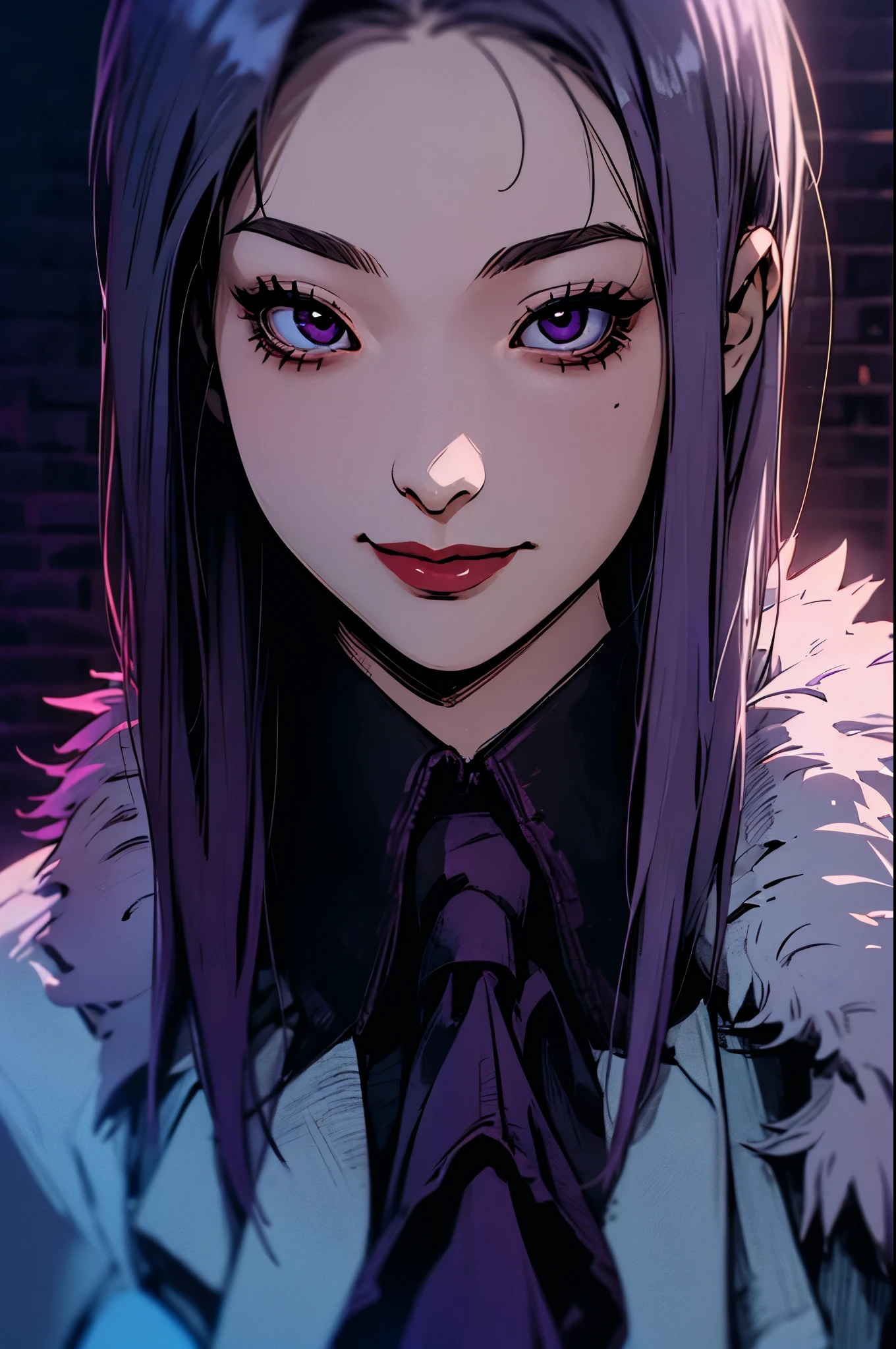 1 Girl, Yun Jin Lee, dead by daylight, Light Purple Straight Hair, White Faux Fur Short Shrug Jacket, Purple Tie Neck Ruffle Trim Satin Blouse, light smile, close up, 