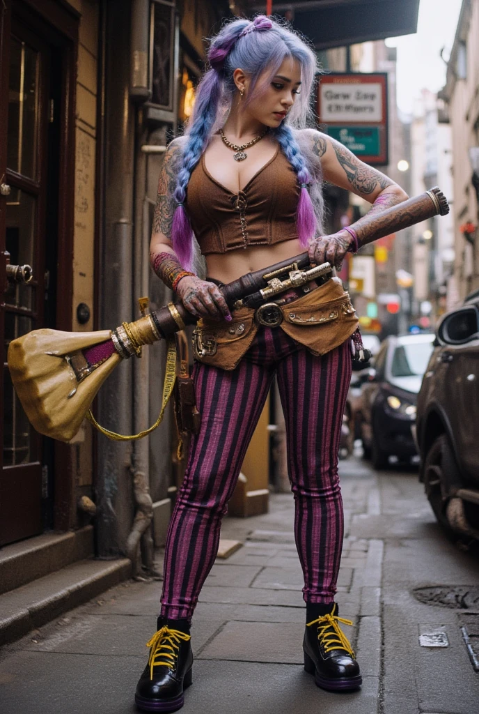 Jinx from League of Legends wears a dress with a brown short vest, sexy huge breasts, yellow shoelaces shaped like a single X, purple striped pants below the knees, a necklace, armbands, gloves, and holding a huge steampunk fish bone Bazooka weapon, steampunk belt, steampunk accessories and black shoes with purple laces. She has long blue hair, with two long braids extending from the bottom, and her right arm is covered with curse tattoos. Set in the steampunk/industrial city of Zahn.