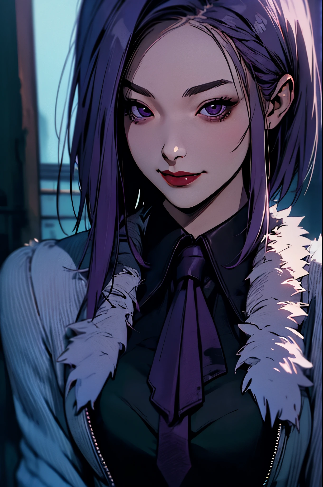 1 Girl, Yun Jin Lee, dead by daylight, Light Purple Straight Hair, White Faux Fur Short Shrug Jacket, Purple Tie Neck Ruffle Trim Satin Blouse, light smile, close up, 