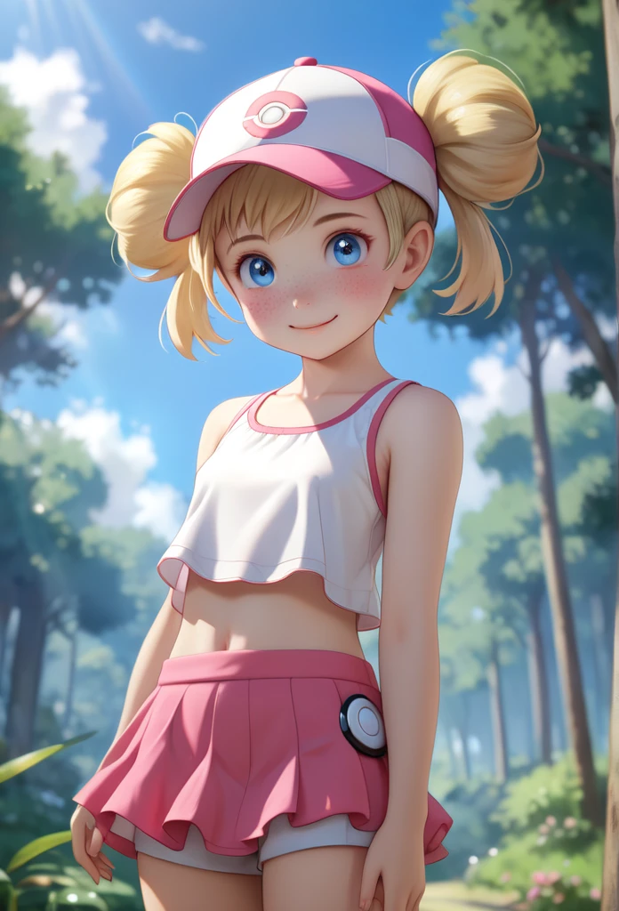 8K, best quality, ((*** girl)), cute, ((flat chest like a boy)), (Blonde hair worn in very short twintails), perfect hair, blue eyes, heavy freckles, (Petite body:1.2), Slender arms, small waist, slim legs, narrow hips, Heart shaped face, Gap-toothed smile, round cheeks, detailed, intricate, big eyes, beautiful lighting, natural light, shy, (((very short twintails:1.2))), (medium length hair), short stature, (no breasts), (femboy), clothed, pink, small hips, High-angle shot, looks up at viewer, (adorable face), hyper-realistic, lifelike texture, (highly detailed face:1.4), perfect eyes, realistic iris, perfect teeth, (colorful reflections in the eye), ((1 boy)), shy, cute, pokemon trainer, baseball cap, pink skirt, PokeBall, white sleeveless top, forest