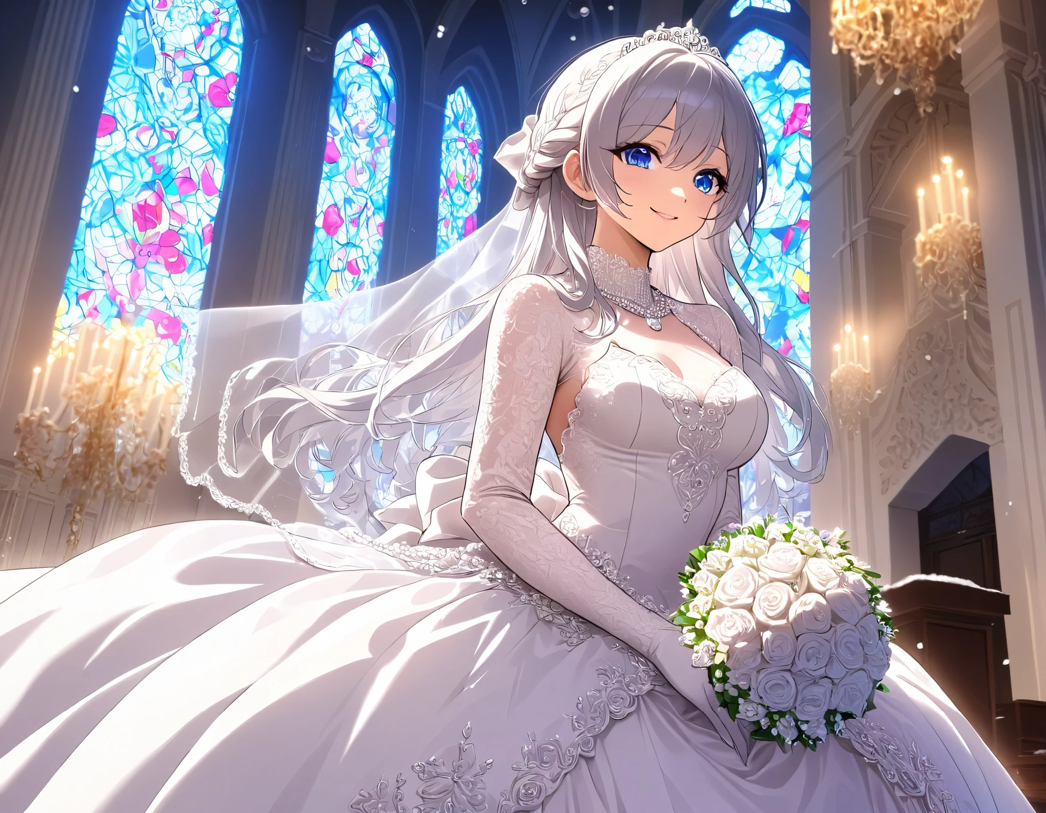 (((Best quality, 8k, Masterpiece: 1.3)), ((best quality)), ((masterpiece)), (detailed), perfect face, perfect body, (detailed skin:1.3), (intricate details), Ball gown wedding dress, pearl necklace, bouquet, Silver hair, straight hair, blue eyes, Wedding Rings, snow White, Chapel, happy, smile, solo, Stained Glass