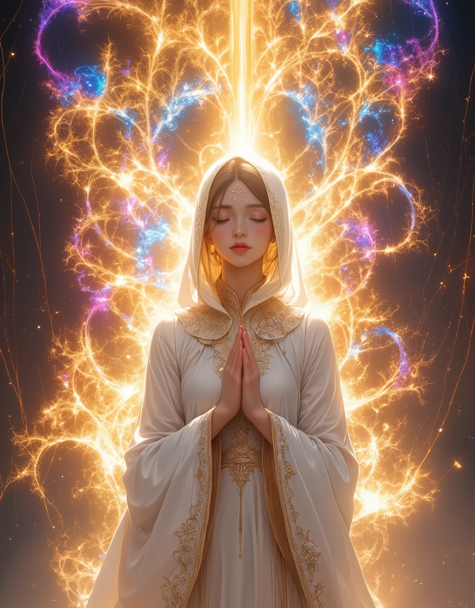 Religious,  extremely detailed, ( fractal art:1.3),  colorful background,  Beautiful Women, ( close your eyes, pray:1.3), ( delicate gold embroidery on a white cloak:1.2), (Streaks of light),  impressive visual , HIGHEST DEFINITION ,  perfect face,  upper body,  high definition , (Shining Trail:1.2),  bright color , masterpiece,  best quality,  best quality,  Official Art,  Aesthetically Beautiful :1.2,  Very detailed, 8k, Beautiful CG illustrations,  Anime Style , Chiaroscuro Lighting.