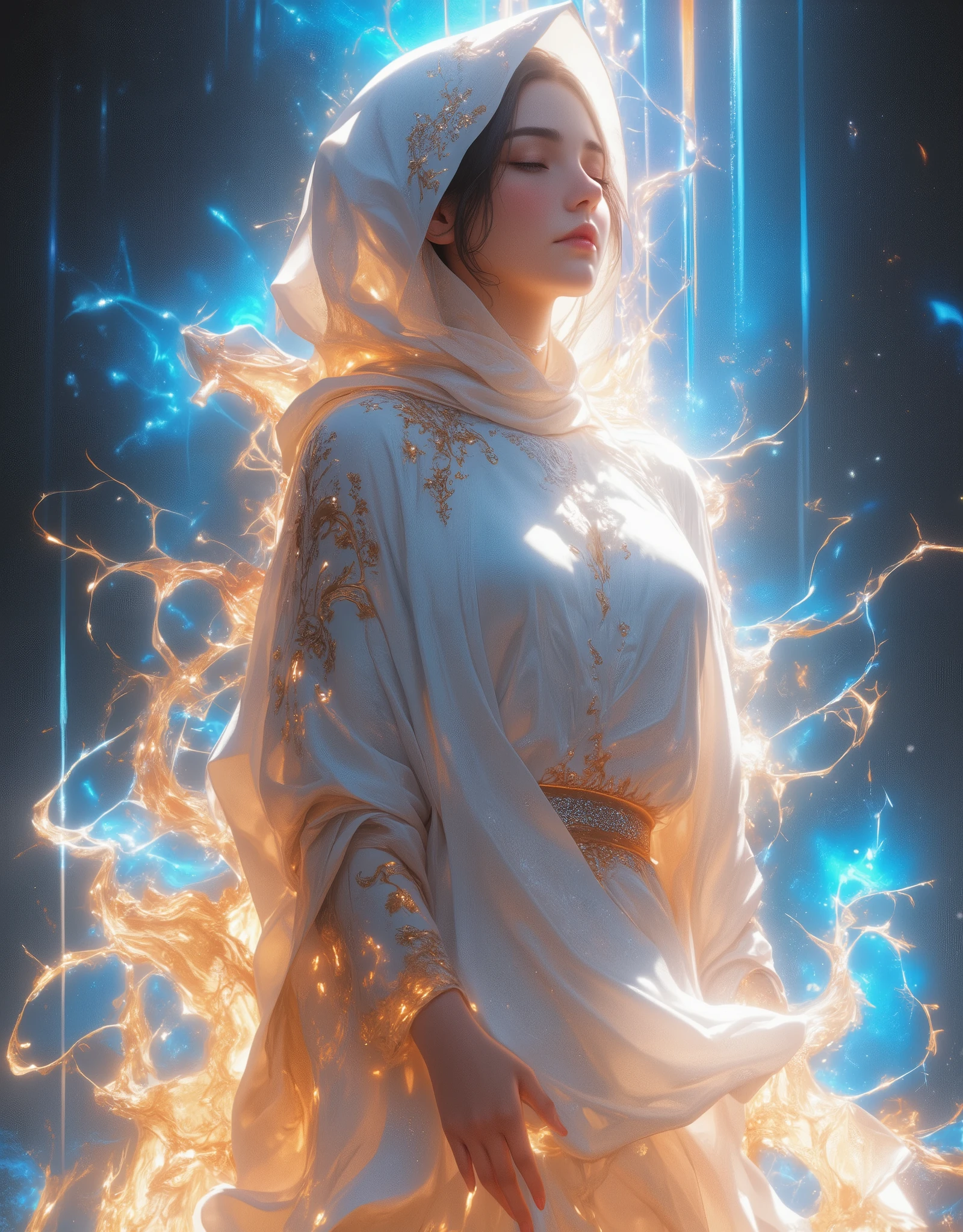 Religious,  extremely detailed, ( fractal art:1.3),  colorful background,  Beautiful Women, ( close your eyes, pray:1.3), (Delicate gold embroidery on a white cloak:1.2), (Streaks of light),  impressive visual , HIGHEST DEFINITION ,  perfect face,  upper body,  high definition , (Shining Trail:1.2),  bright color , masterpiece,  best quality,  best quality,  Official Art,  Aesthetically Beautiful :1.2,  Very detailed, 8k, Beautiful CG illustrations,  Anime Style , Chiaroscuro Lighting.