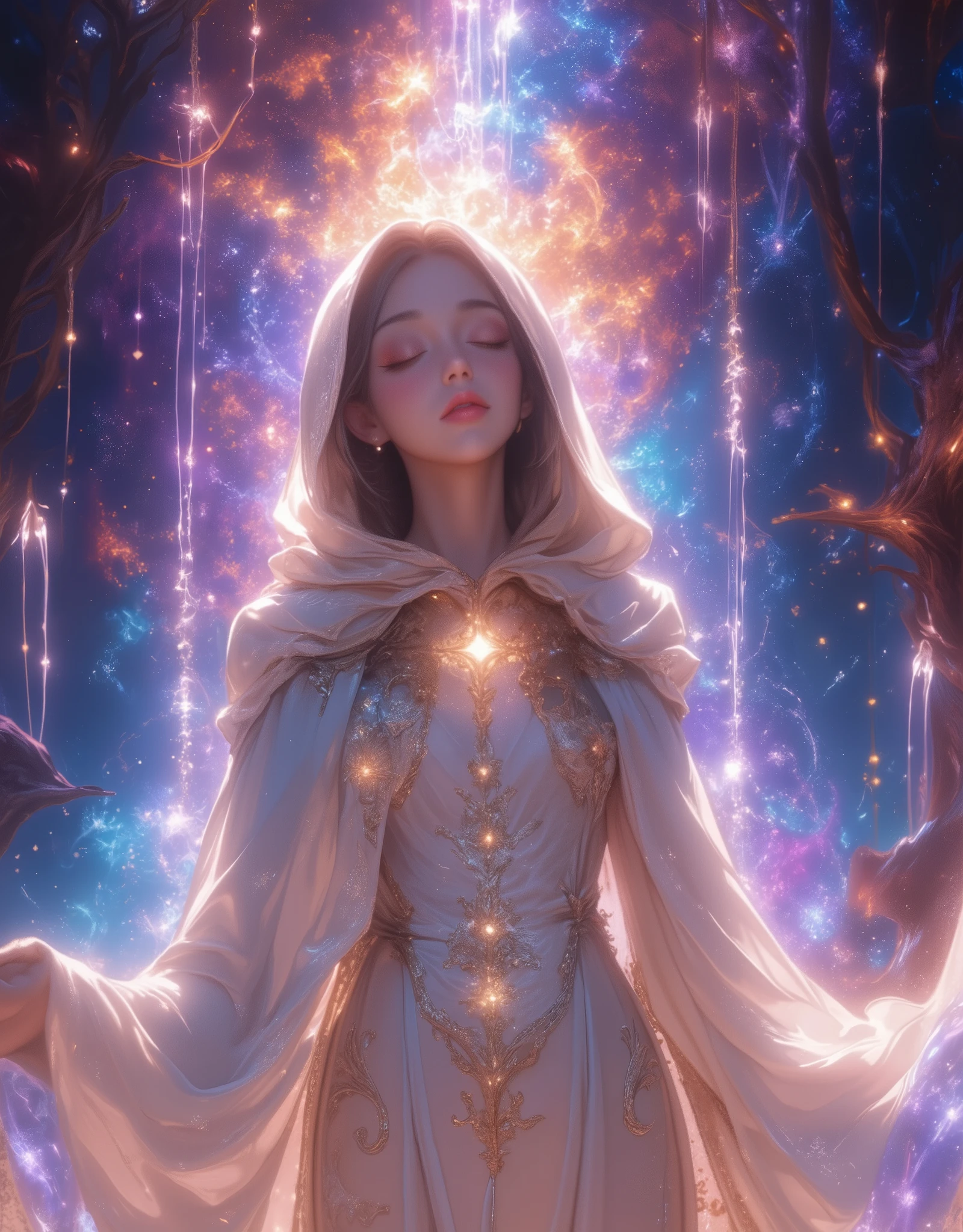 Religious,  extremely detailed, ( fractal art:1.3),  colorful background,  Beautiful Women, ( close your eyes, pray:1.3), ( delicate gold embroidery on a white cloak:1.2), (Streaks of light),  impressive visual , HIGHEST DEFINITION ,  perfect face,  upper body,  high definition , (Shining Trail:1.2),  bright color , masterpiece,  best quality,  best quality,  Official Art,  Aesthetically Beautiful :1.2,  Very detailed, 8k, Beautiful CG illustrations,  Anime Style , Chiaroscuro Lighting.