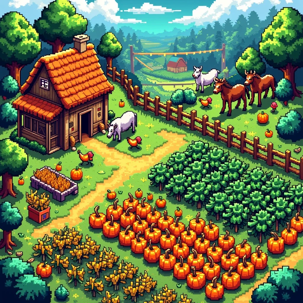 A picturesque landscape of a farm from a top-down perspective, reminiscent of the charming pixel art style seen in the popular video game Stardew Valley. The scene is set during the day, with a bright and clear sky overhead. In the foreground, a variety of vibrant crops are neatly organized in rows: plump pumpkins, tall corn stalks, and lush green cabbage. Scattered around are some farm animals: a few chickens pecking at the ground, cows grazing slightly off to the side, and a faithful brown workhorse near a rustic wooden barn. To the far left, a quaint farmhouse with a thatched roof is seen amidst the beautiful, pastoral surroundings.