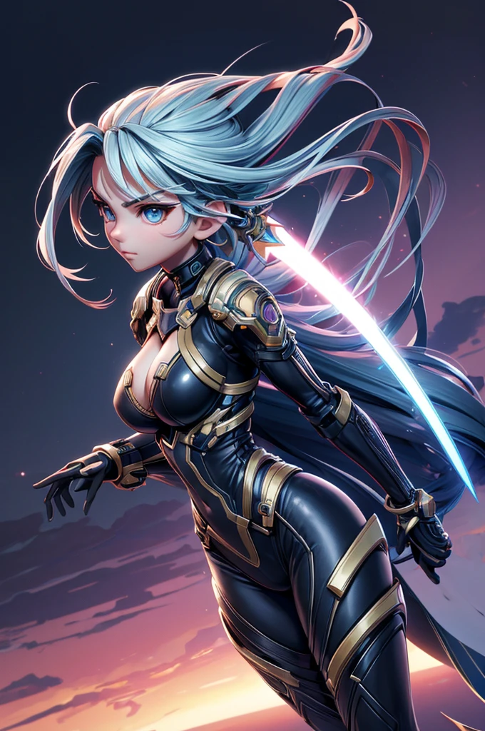 make a mecha girl with a shiny metal armor colors blue, red, white and black with details in neom long hair azuiz with a beautiful body and large bust the girl has to be looking at the audience wielding her imposing laser sword for battle, gorgeous face, anime style, movie photo, clear azuiz eyes, perfect and beautiful eyes, perfect hands, colors that enhance the character, perfect contrast and brightness, detailed armor, chrome metal, perfect body, extremely beautiful character, with light effects on the character, cinema effects