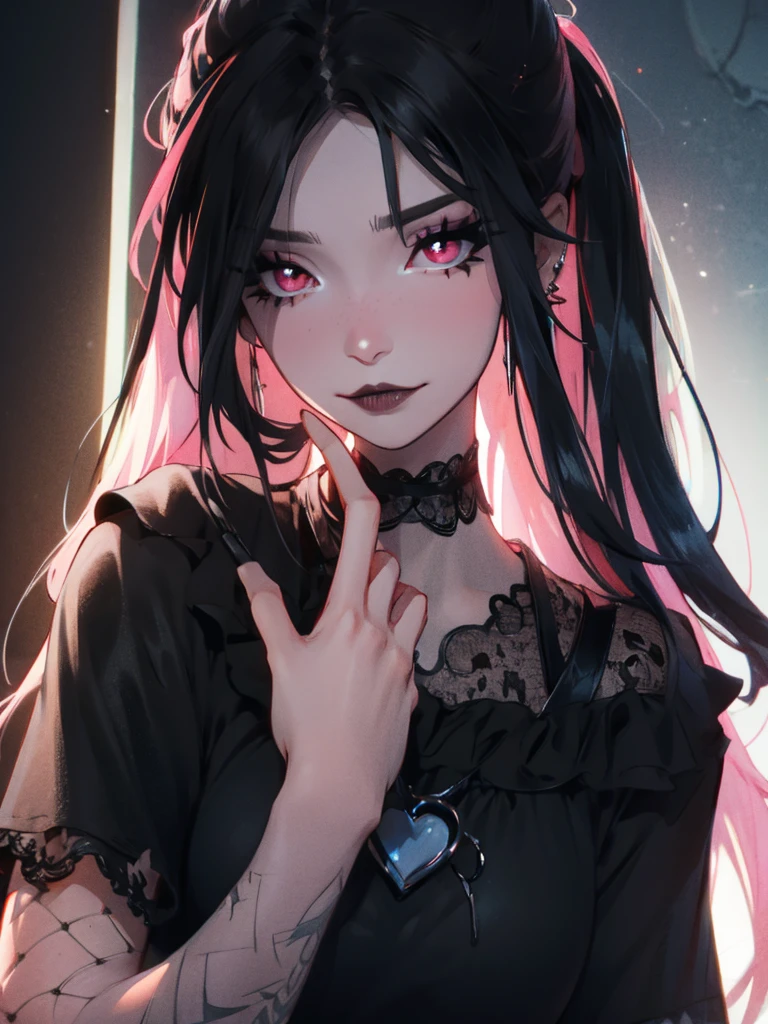 emo_hairstyle, pink eyes, ((long hair)), ((septum piercing, tattoos)), (((black hair))), side swept bangs,   e-girl, (fishnet outfit, lace), tired expression, choker, ((dark makeup, mascara, eyeshadow)), multiple piercings, best quality, 8k, dark laboratory, dim lighting,  erotic, slytherin, black hair