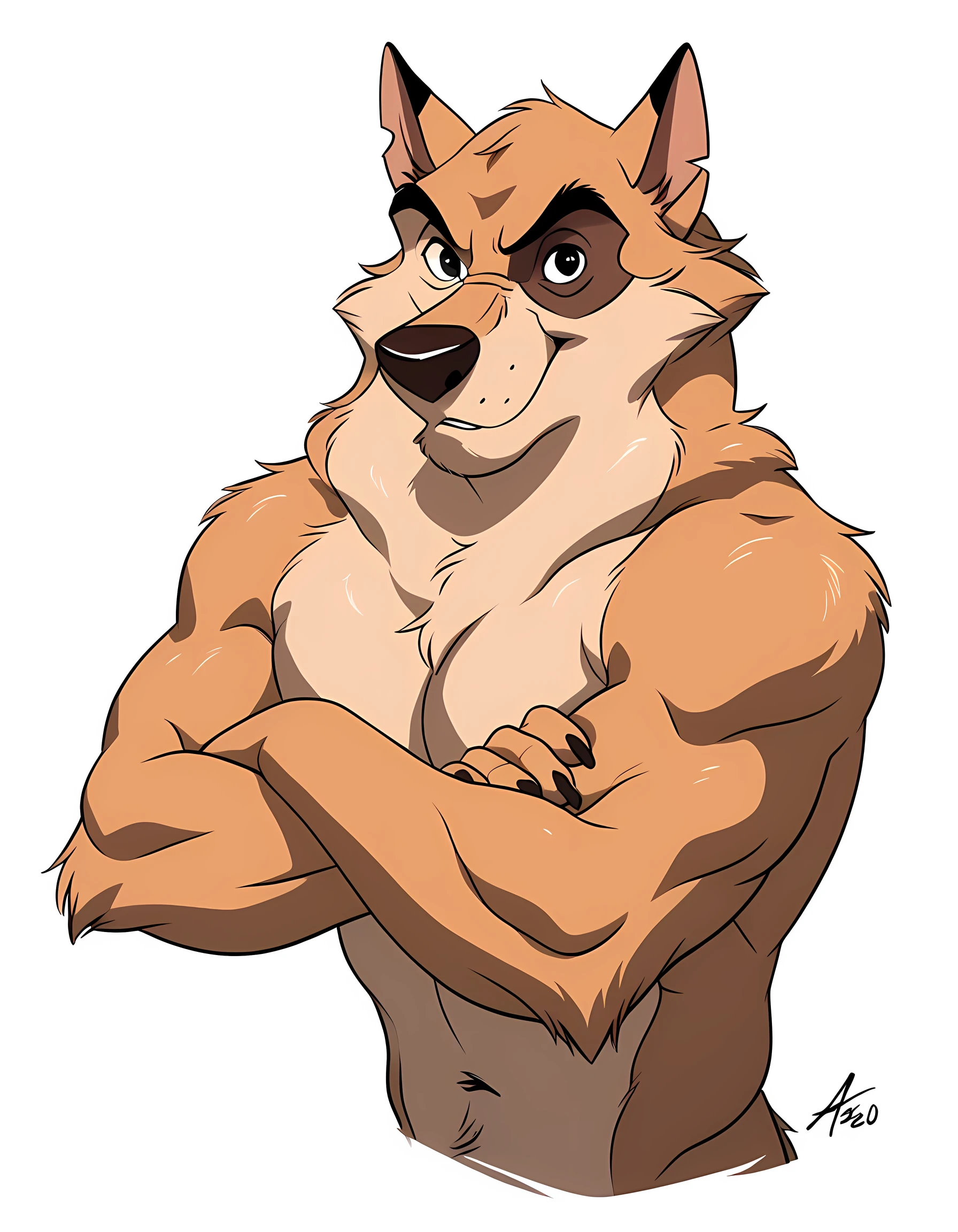 kaltag, alaskan malamute, solo, detailed, detailed face, detailed eyes, anthro body, male, adult, muscular, cartoon shading, cel shaded:1.0, flat colors, (no background, white background):1.5, shirtless, wfa style, negger style, cartoony anatomy, above waist, looking at viewer, arms crossed