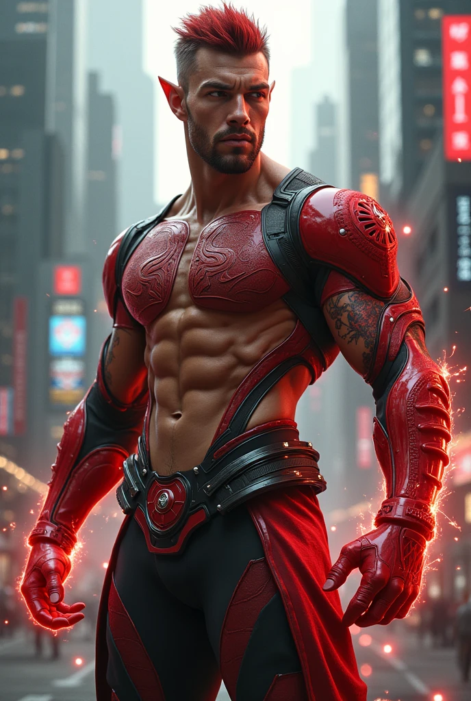 man, macho man, black hair, muscular man, futuristic clothing, tights, black suit, patterned red, gold, military uniform, attractive